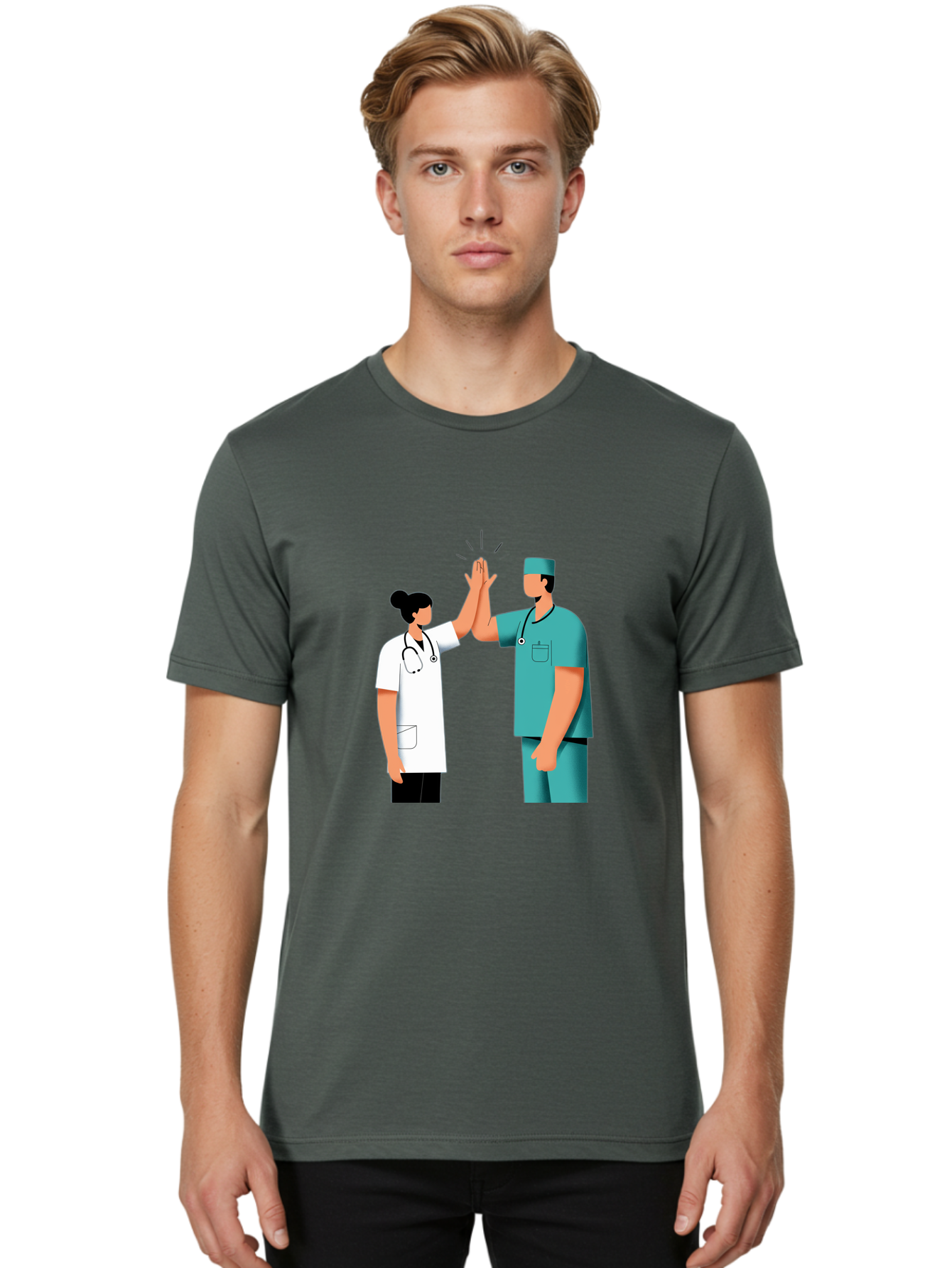 Medical-Professionals-High-Five Men'S Graphic Tee, 100% Cotton, Comfortable Casual Summer Wear, Machine Washable, Doctors Giving High Five, Medical Professionals, Teamwork, Healthcare Workers, Stethoscope, Medical Scrubs, Teamwork Success, Baa997