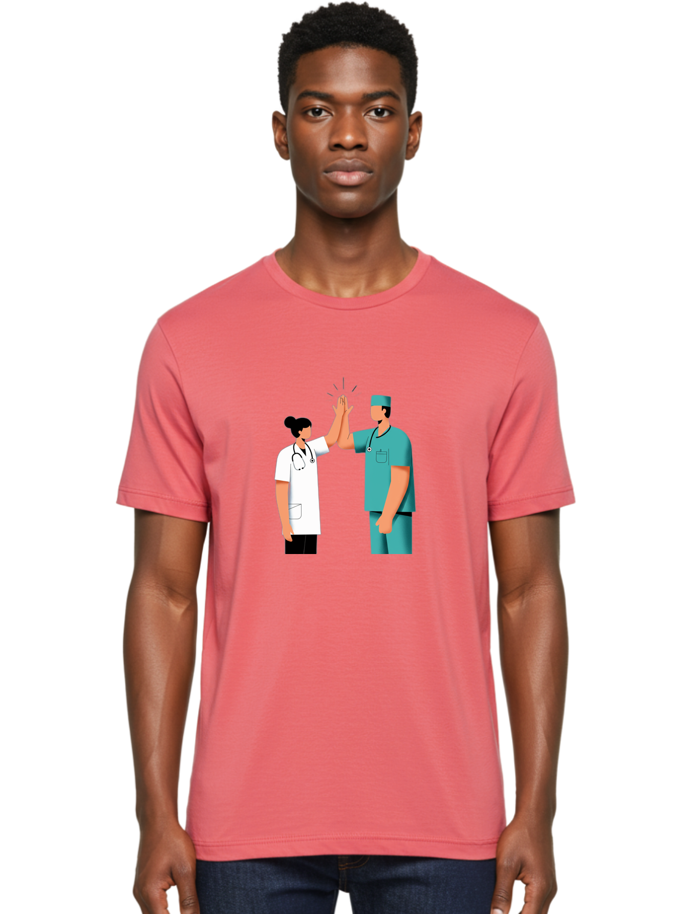 Medical-Professionals-High-Five Men'S Graphic Tee, 100% Cotton, Comfortable Casual Summer Wear, Machine Washable, Doctors Giving High Five, Medical Professionals, Teamwork, Healthcare Workers, Stethoscope, Medical Scrubs, Teamwork Success, Baa997