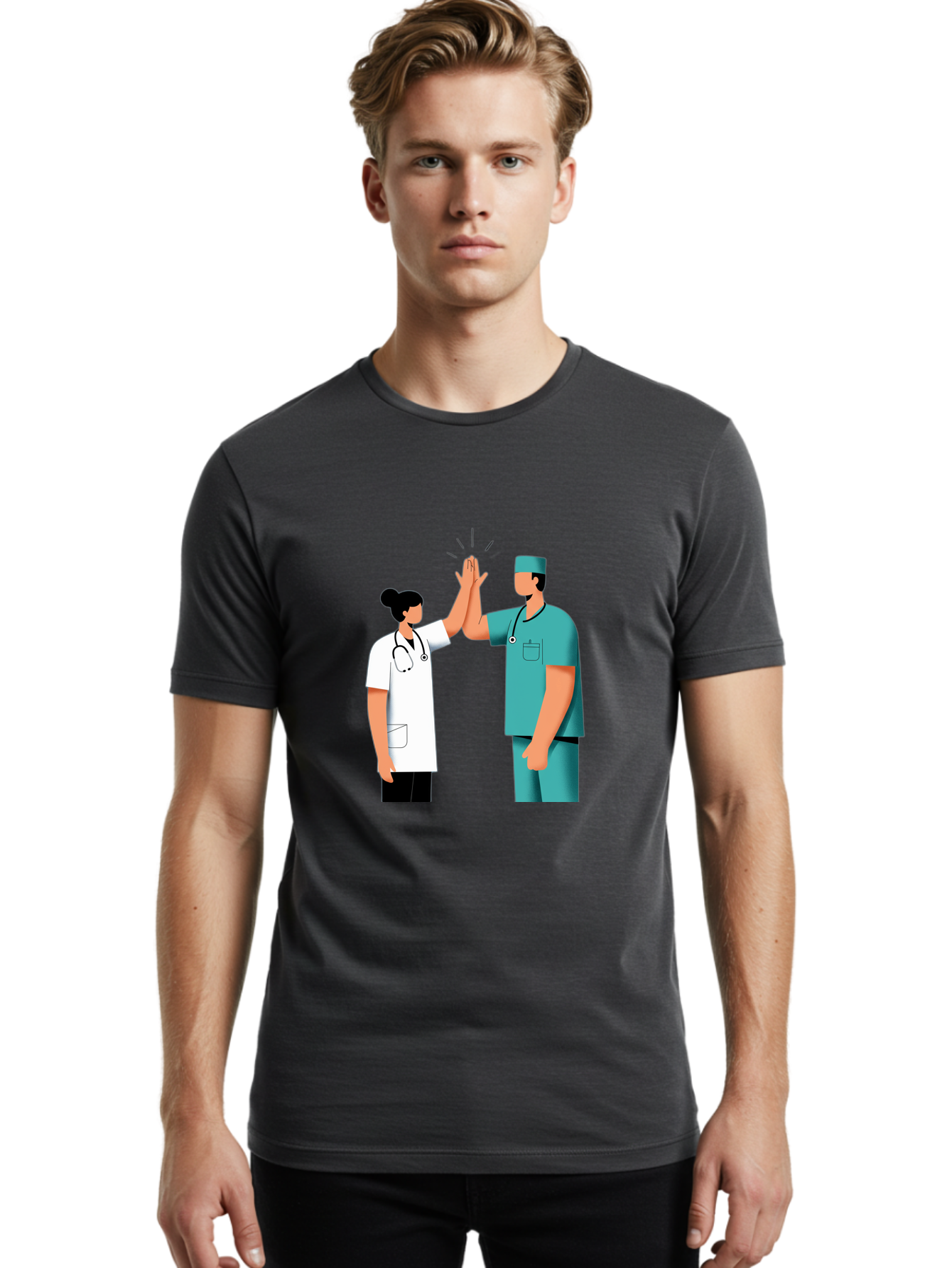 Medical-Professionals-High-Five Men'S Graphic Tee, 100% Cotton, Comfortable Casual Summer Wear, Machine Washable, Doctors Giving High Five, Medical Professionals, Teamwork, Healthcare Workers, Stethoscope, Medical Scrubs, Teamwork Success, Baa997