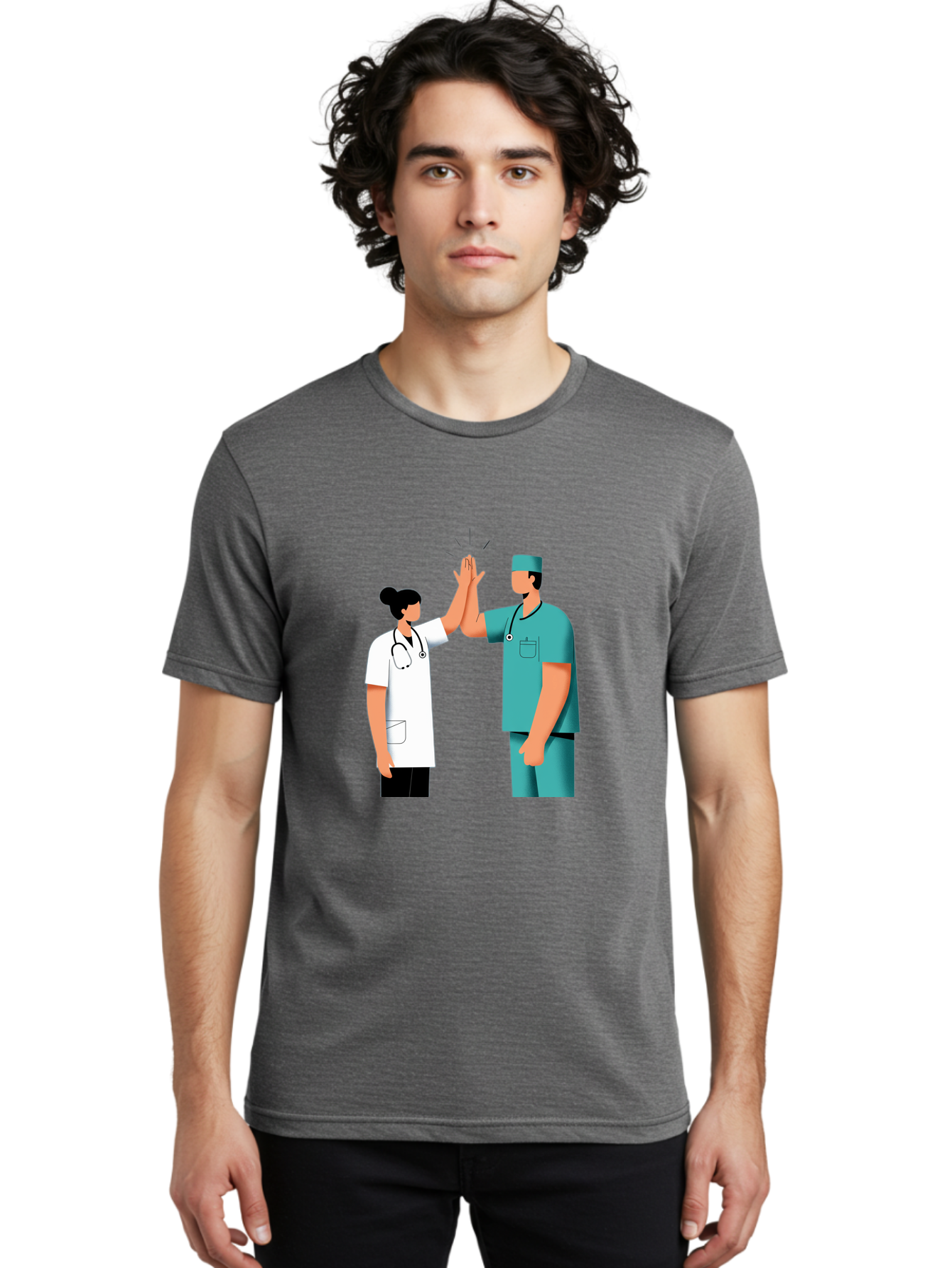 Medical-Professionals-High-Five Men'S Graphic Tee, 100% Cotton, Comfortable Casual Summer Wear, Machine Washable, Doctors Giving High Five, Medical Professionals, Teamwork, Healthcare Workers, Stethoscope, Medical Scrubs, Teamwork Success, Baa997