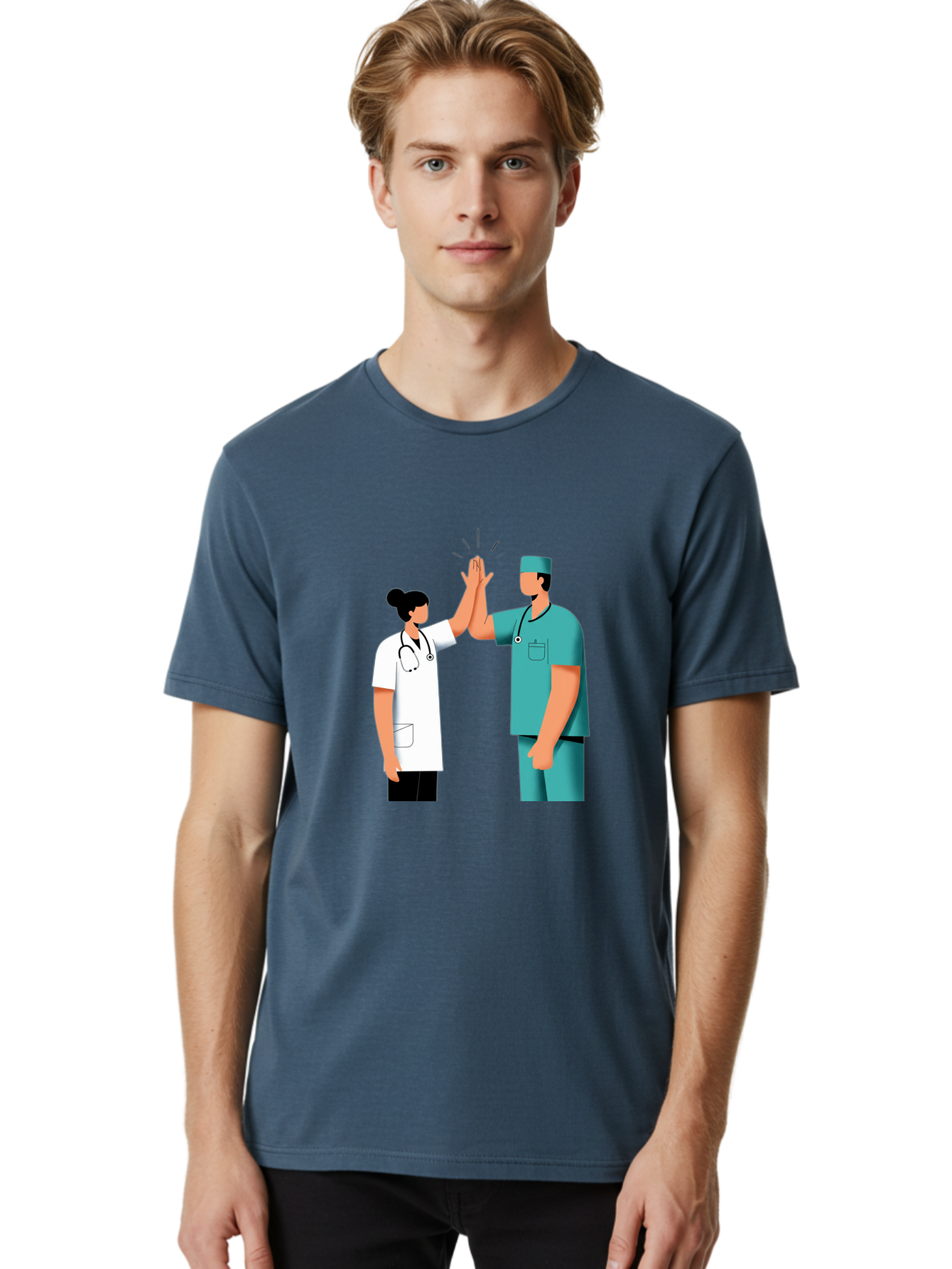 Medical-Professionals-High-Five Men'S Graphic Tee, 100% Cotton, Comfortable Casual Summer Wear, Machine Washable, Doctors Giving High Five, Medical Professionals, Teamwork, Healthcare Workers, Stethoscope, Medical Scrubs, Teamwork Success, Baa997