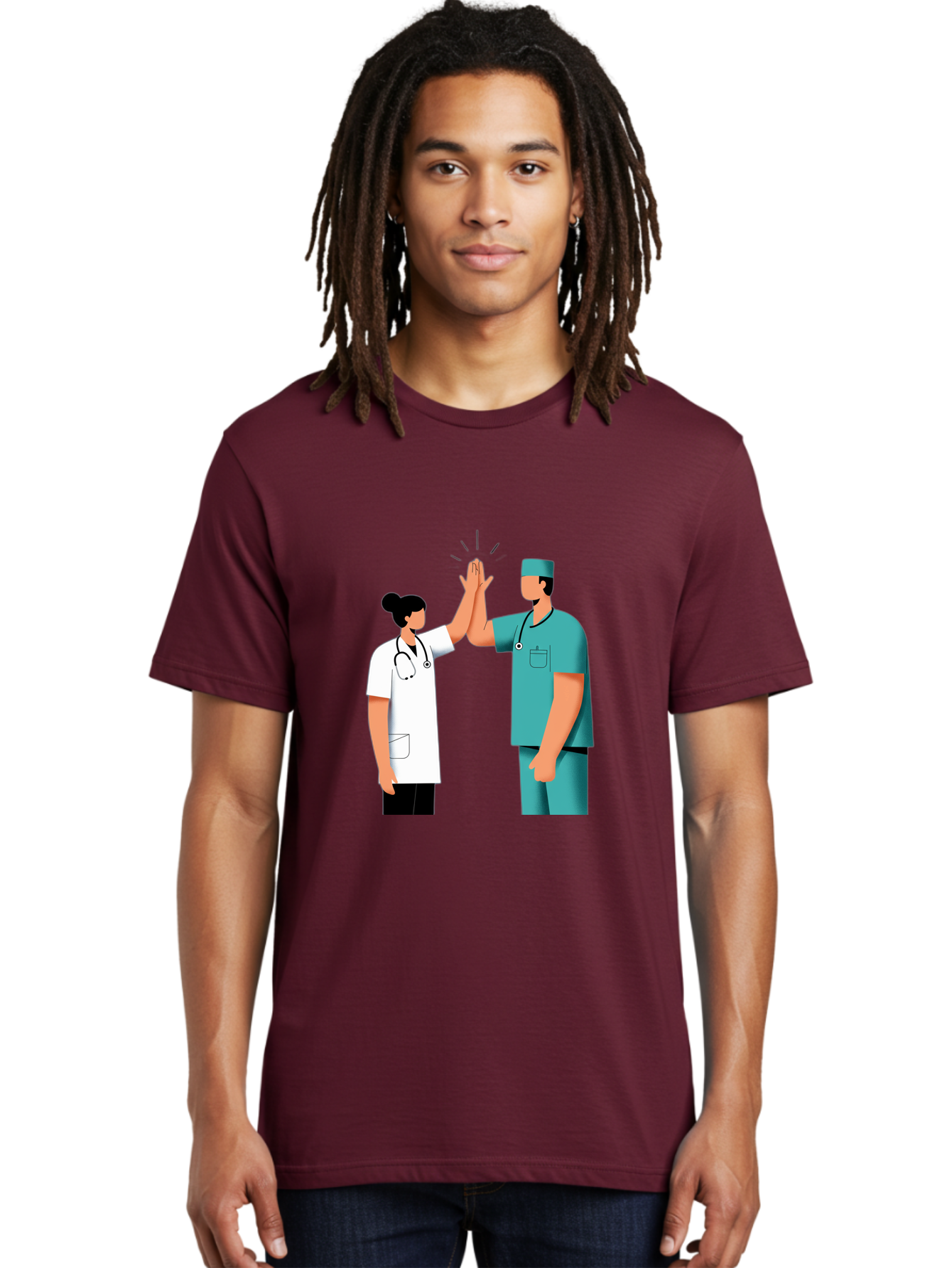 Medical-Professionals-High-Five Men'S Graphic Tee, 100% Cotton, Comfortable Casual Summer Wear, Machine Washable, Doctors Giving High Five, Medical Professionals, Teamwork, Healthcare Workers, Stethoscope, Medical Scrubs, Teamwork Success, Baa997