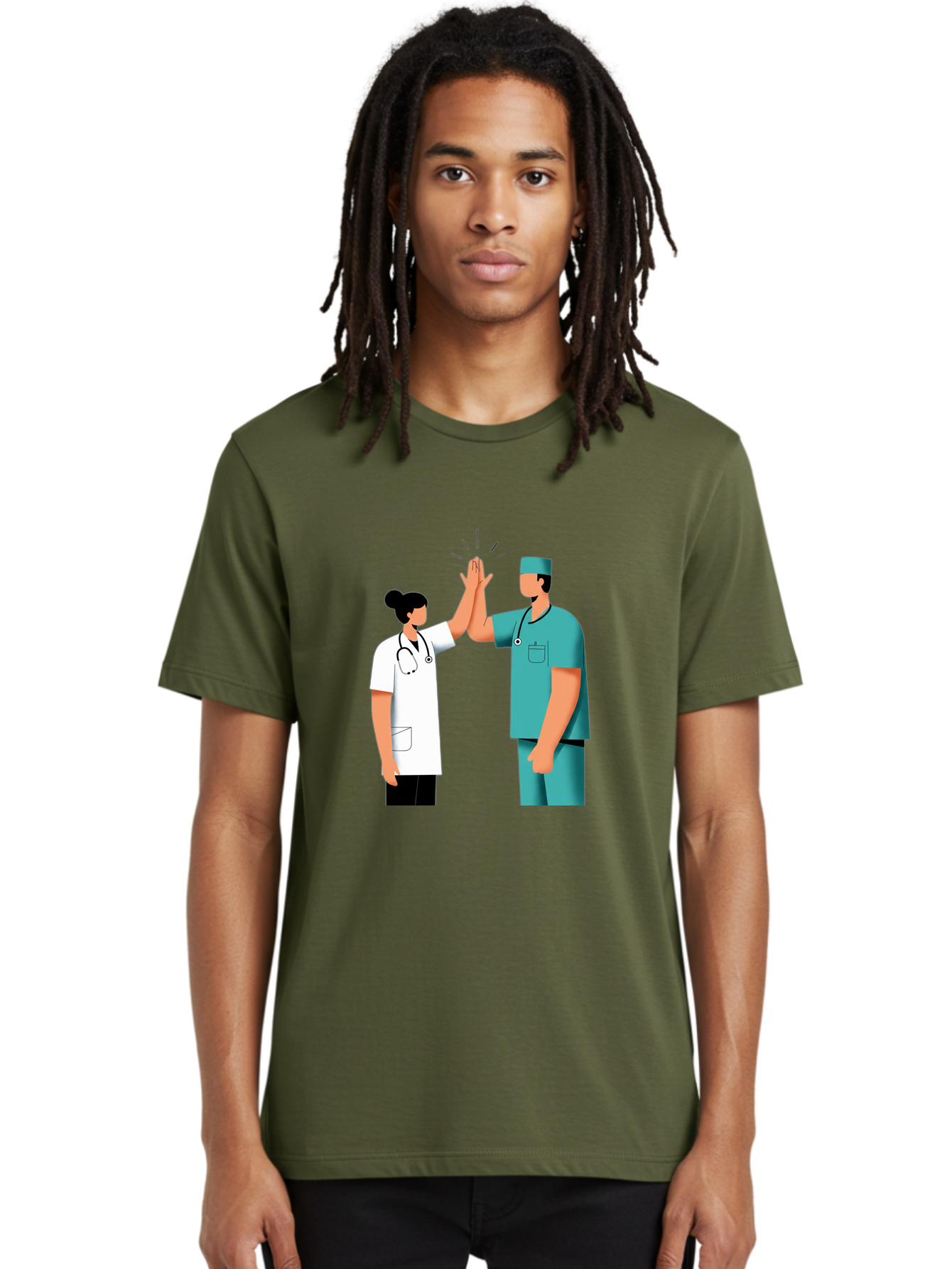 Medical-Professionals-High-Five Men'S Graphic Tee, 100% Cotton, Comfortable Casual Summer Wear, Machine Washable, Doctors Giving High Five, Medical Professionals, Teamwork, Healthcare Workers, Stethoscope, Medical Scrubs, Teamwork Success, Baa997