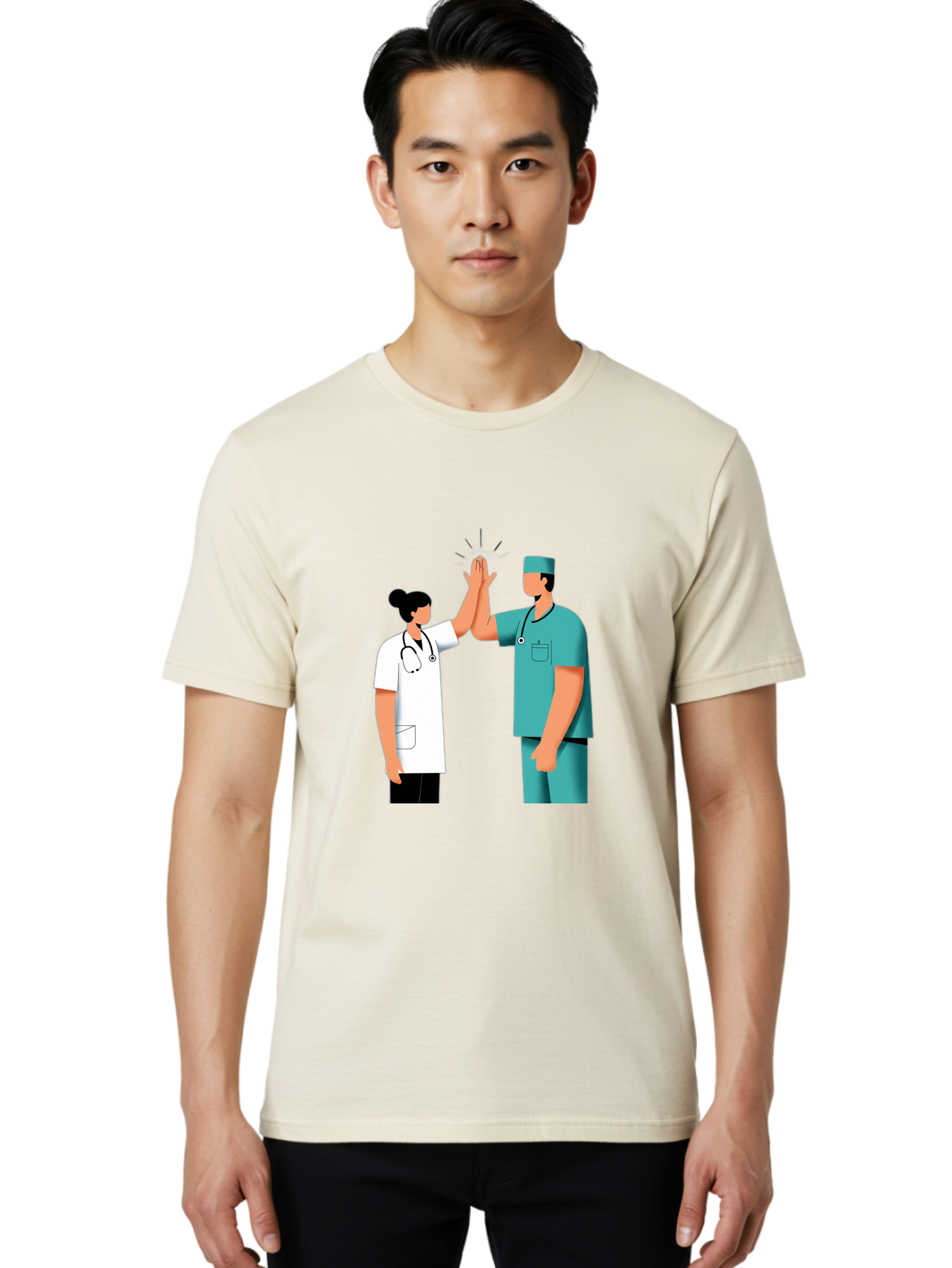 Medical-Professionals-High-Five Men'S Graphic Tee, 100% Cotton, Comfortable Casual Summer Wear, Machine Washable, Doctors Giving High Five, Medical Professionals, Teamwork, Healthcare Workers, Stethoscope, Medical Scrubs, Teamwork Success, Baa997