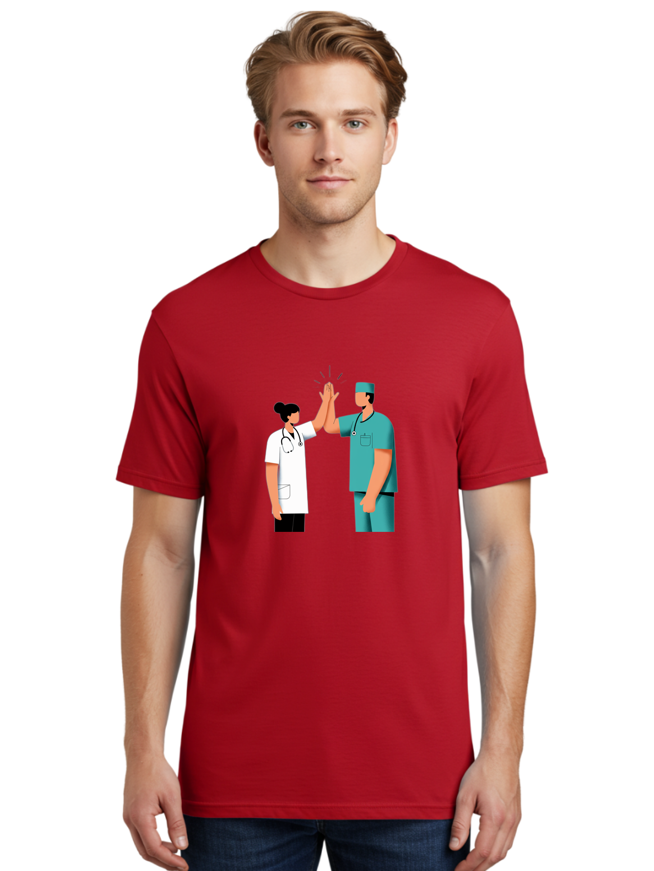 Medical-Professionals-High-Five Men'S Graphic Tee, 100% Cotton, Comfortable Casual Summer Wear, Machine Washable, Doctors Giving High Five, Medical Professionals, Teamwork, Healthcare Workers, Stethoscope, Medical Scrubs, Teamwork Success, Baa997