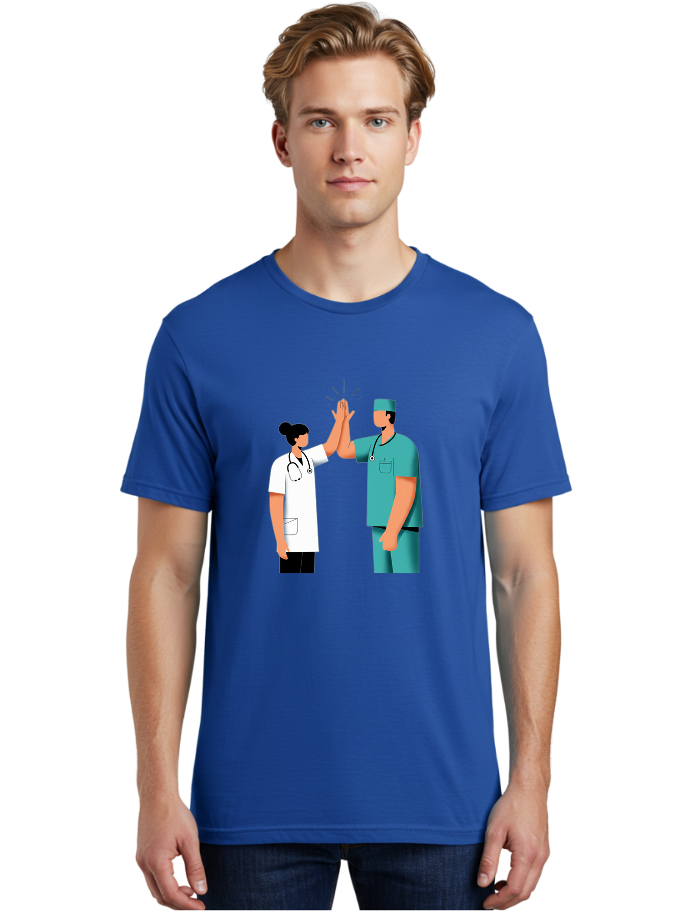 Medical-Professionals-High-Five Men'S Graphic Tee, 100% Cotton, Comfortable Casual Summer Wear, Machine Washable, Doctors Giving High Five, Medical Professionals, Teamwork, Healthcare Workers, Stethoscope, Medical Scrubs, Teamwork Success, Baa997