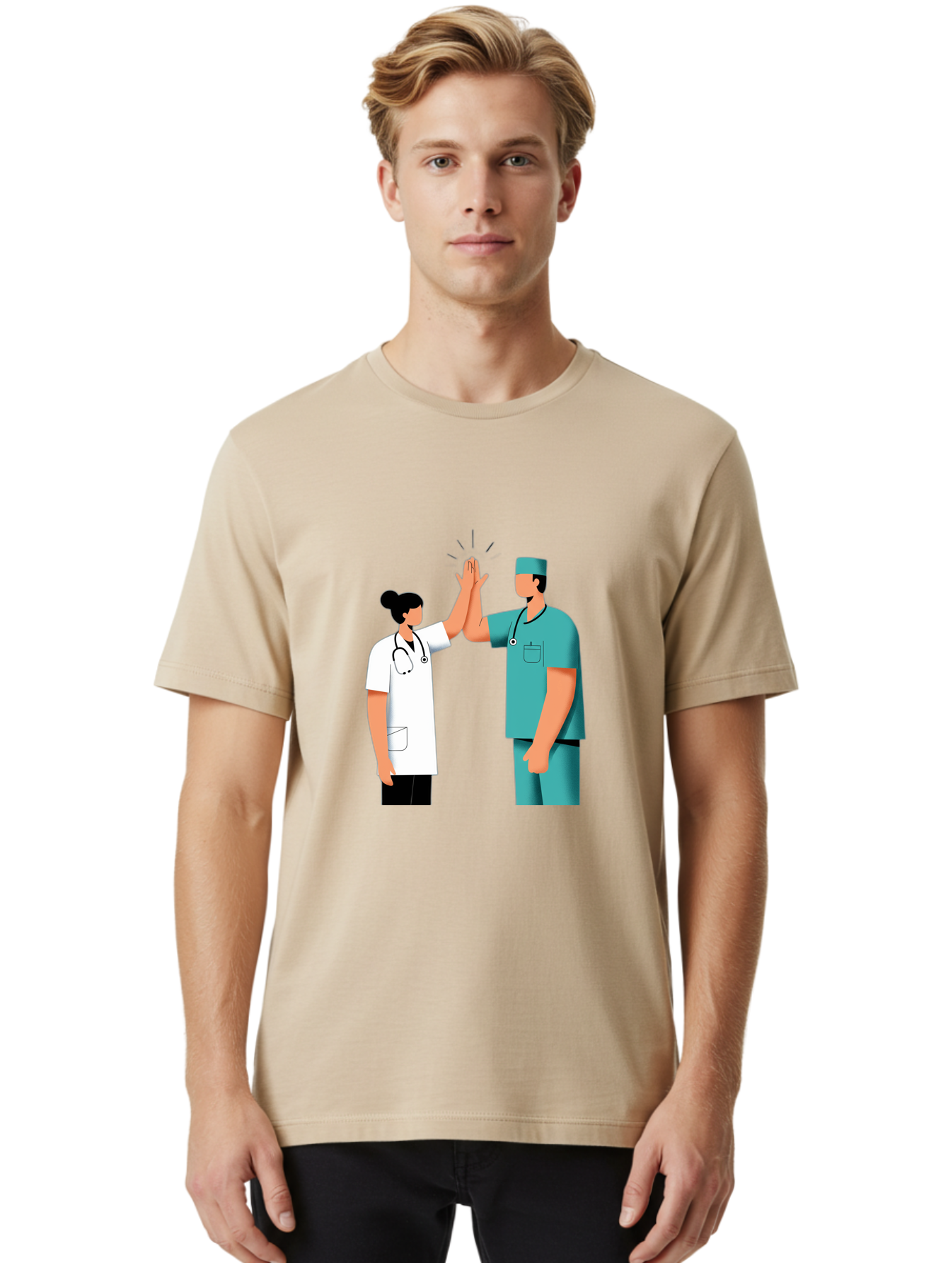 Medical-Professionals-High-Five Men'S Graphic Tee, 100% Cotton, Comfortable Casual Summer Wear, Machine Washable, Doctors Giving High Five, Medical Professionals, Teamwork, Healthcare Workers, Stethoscope, Medical Scrubs, Teamwork Success, Baa997