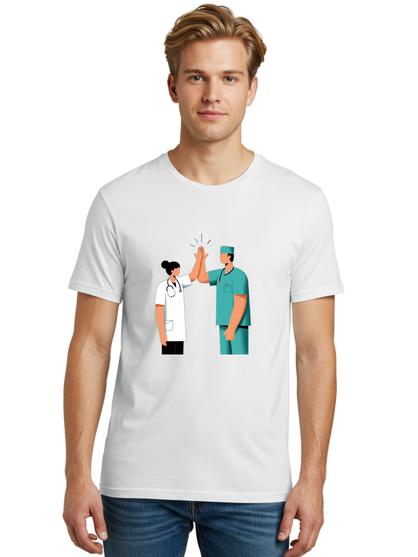 Medical-Professionals-High-Five Men'S Graphic Tee, 100% Cotton, Comfortable Casual Summer Wear, Machine Washable, Doctors Giving High Five, Medical Professionals, Teamwork, Healthcare Workers, Stethoscope, Medical Scrubs, Teamwork Success, Baa997