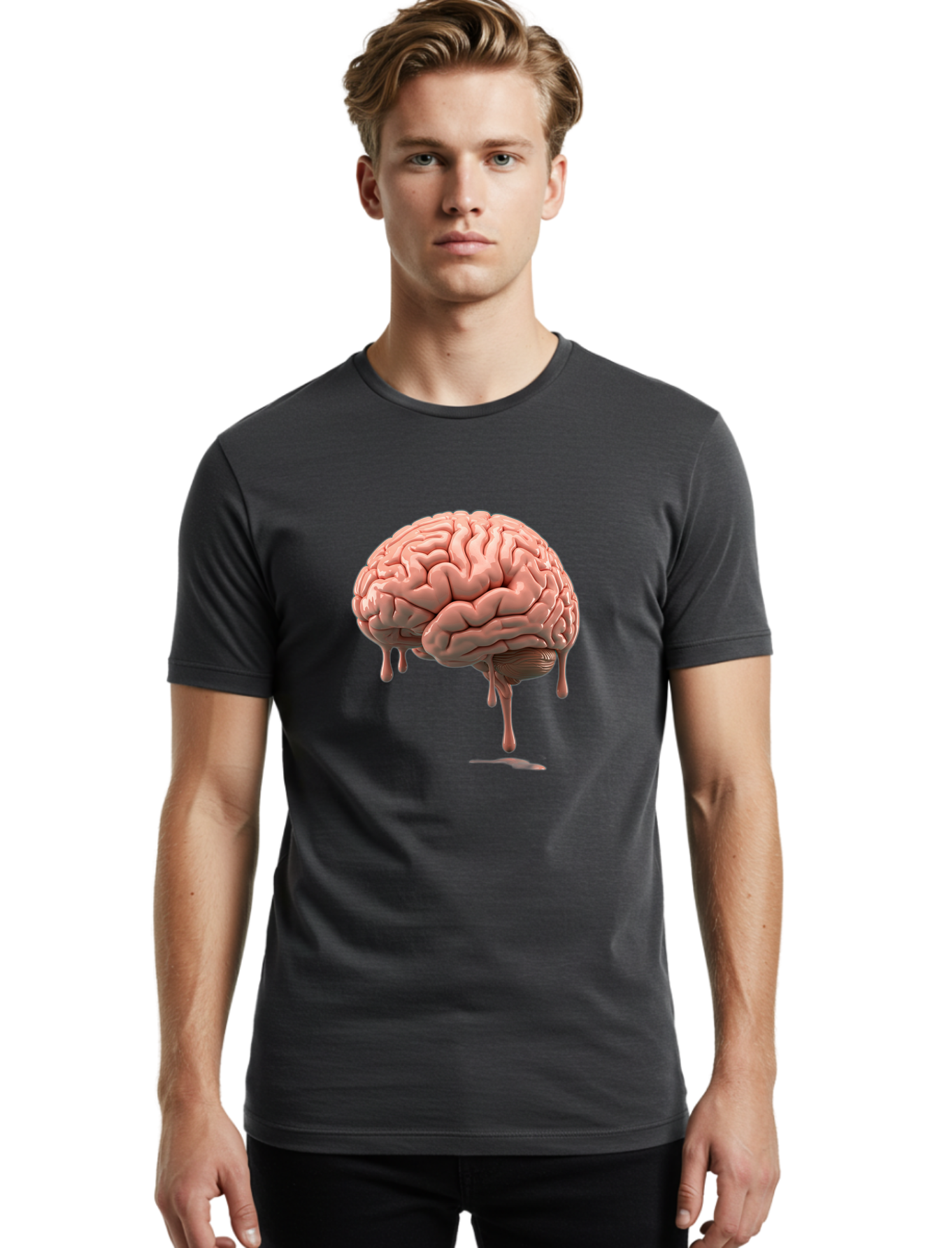 Melting-Brain Men'S Graphic Tee, 100% Cotton, Comfortable Casual Summer Wear, Machine Washable, Human Brain, Melting Effect, Surreal Art, Psychological Concept, Cognitive Distortion, Abstract Representation, Creative Visualization, Baa999