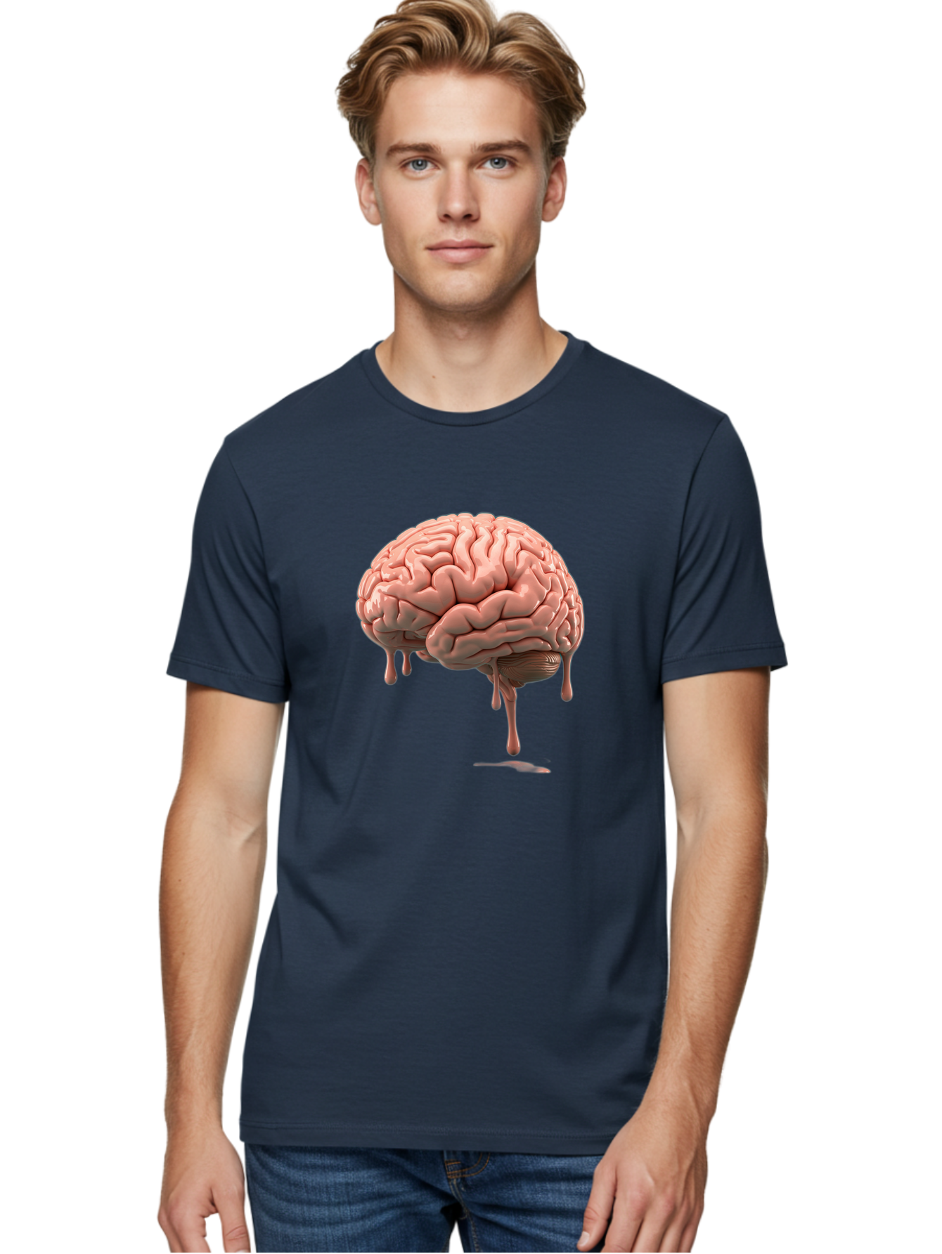 Melting-Brain Men'S Graphic Tee, 100% Cotton, Comfortable Casual Summer Wear, Machine Washable, Human Brain, Melting Effect, Surreal Art, Psychological Concept, Cognitive Distortion, Abstract Representation, Creative Visualization, Baa999