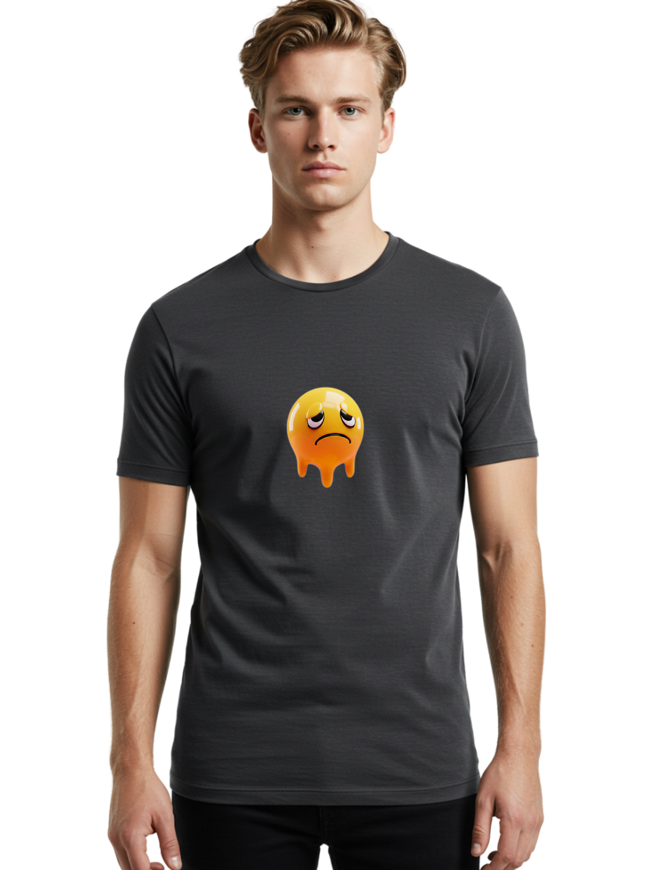 Melting-Face Men'S Graphic Tee, 100% Cotton, Comfortable Casual Summer Wear, Machine Washable, Melting Emoji, Yellow Face, Unhappy Face, Unhappy Emoji, Frowning Face, Sad Emoji, Cartoon Character, Emoticon, 3D Rendering, Digital Art, Bab000