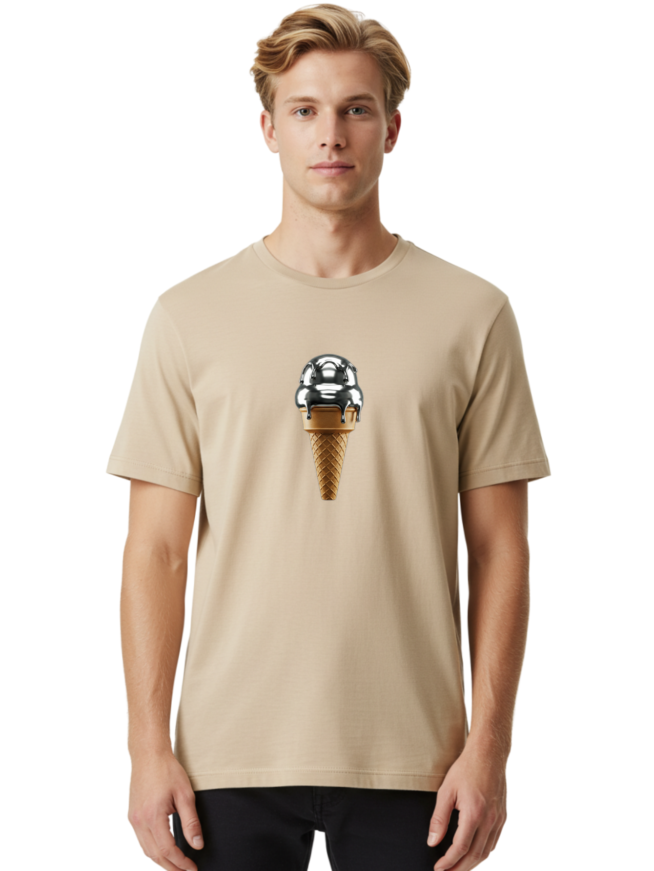 Metallic-Ice-Cream-Cone Men'S Graphic Tee, 100% Cotton, Comfortable Casual Summer Wear, Machine Washable, Metallic Ice Cream, Chocolate Sauce Dripping, Waffle Cone, Sweet Treat, Dessert, Cool Indulgence, Frozen Delight, Tasty Pleasure, Bab004