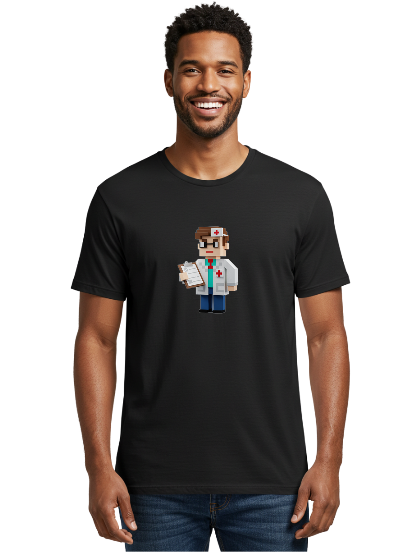 Minecraft-Doctor-1 Men'S Graphic Tee, 100% Cotton, Comfortable Casual Summer Wear, Machine Washable, Pixel Art Doctor, Medical Professional, Healthcare Worker, Doctor Character, Red Cross Symbol, Medical Attire, Clipboard, Pixelated Style, Bab007