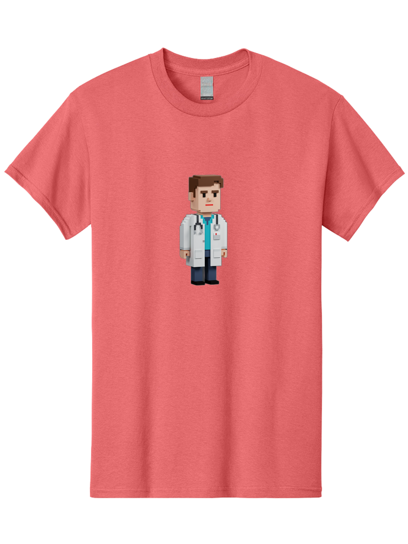 Minecraft-Doctor Men'S Graphic Tee, 100% Cotton, Comfortable Casual Summer Wear, Machine Washable, Minecraft Doctor, Pixel Art, Medical Professional, White Coat, Stethoscope, Clinical Setting, 3D Blocky Style, Healthcare Worker Bab008