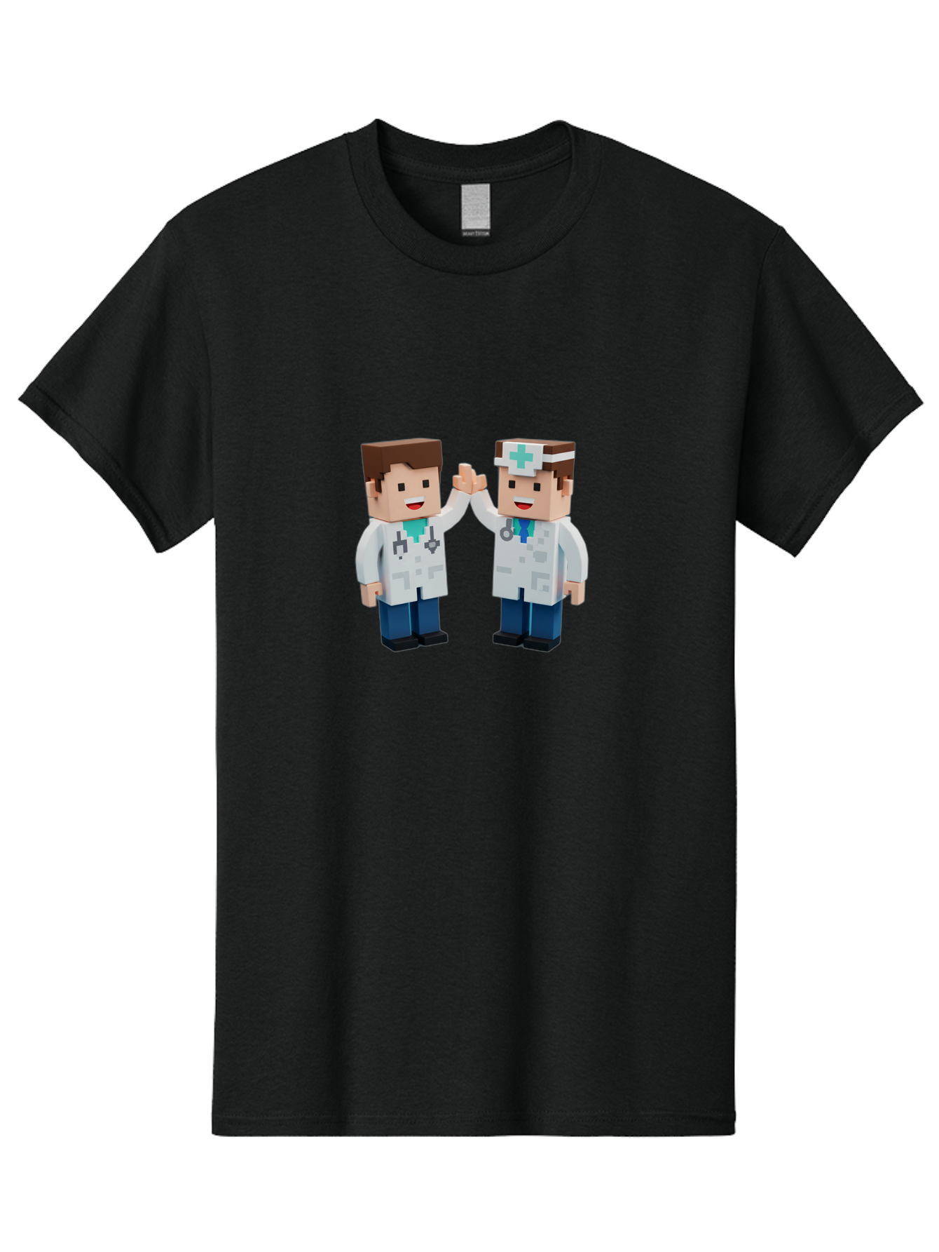 Minecraft-Doctors Men'S Graphic Tee, 100% Cotton, Comfortable Casual Summer Wear, Machine Washable, Minecraft Characters, Doctors, High Fiving, Healthcare Professionals, Medical Team, Pixel Art, Video Game Characters, Teamwork, Bab009