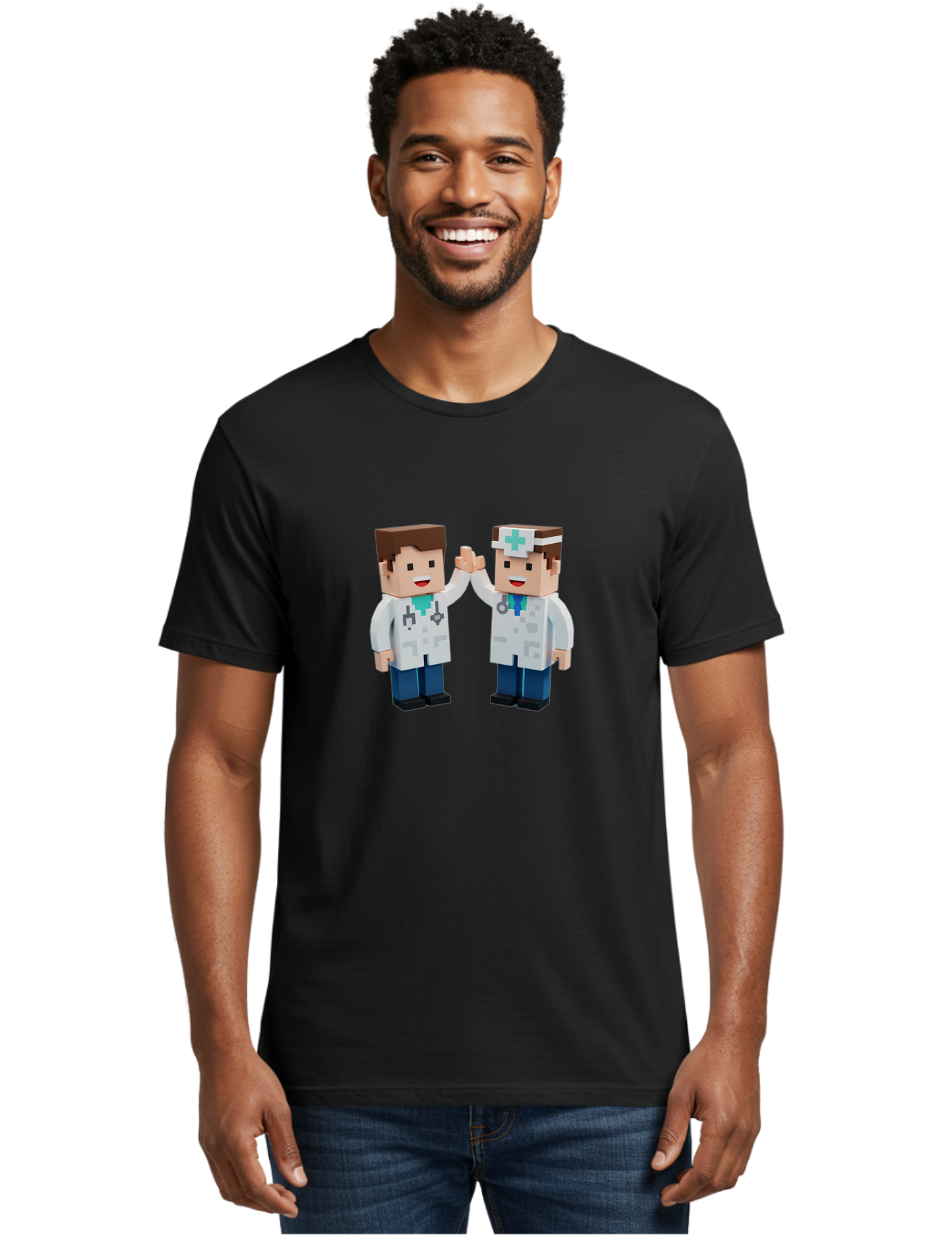 Minecraft-Doctors Men'S Graphic Tee, 100% Cotton, Comfortable Casual Summer Wear, Machine Washable, Minecraft Characters, Doctors, High Fiving, Healthcare Professionals, Medical Team, Pixel Art, Video Game Characters, Teamwork, Bab009