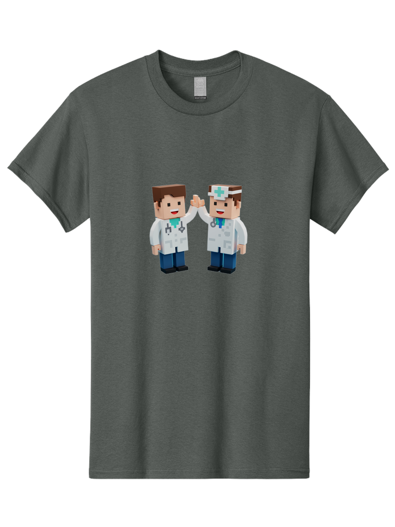 Minecraft-Doctors Men'S Graphic Tee, 100% Cotton, Comfortable Casual Summer Wear, Machine Washable, Minecraft Characters, Doctors, High Fiving, Healthcare Professionals, Medical Team, Pixel Art, Video Game Characters, Teamwork, Bab009