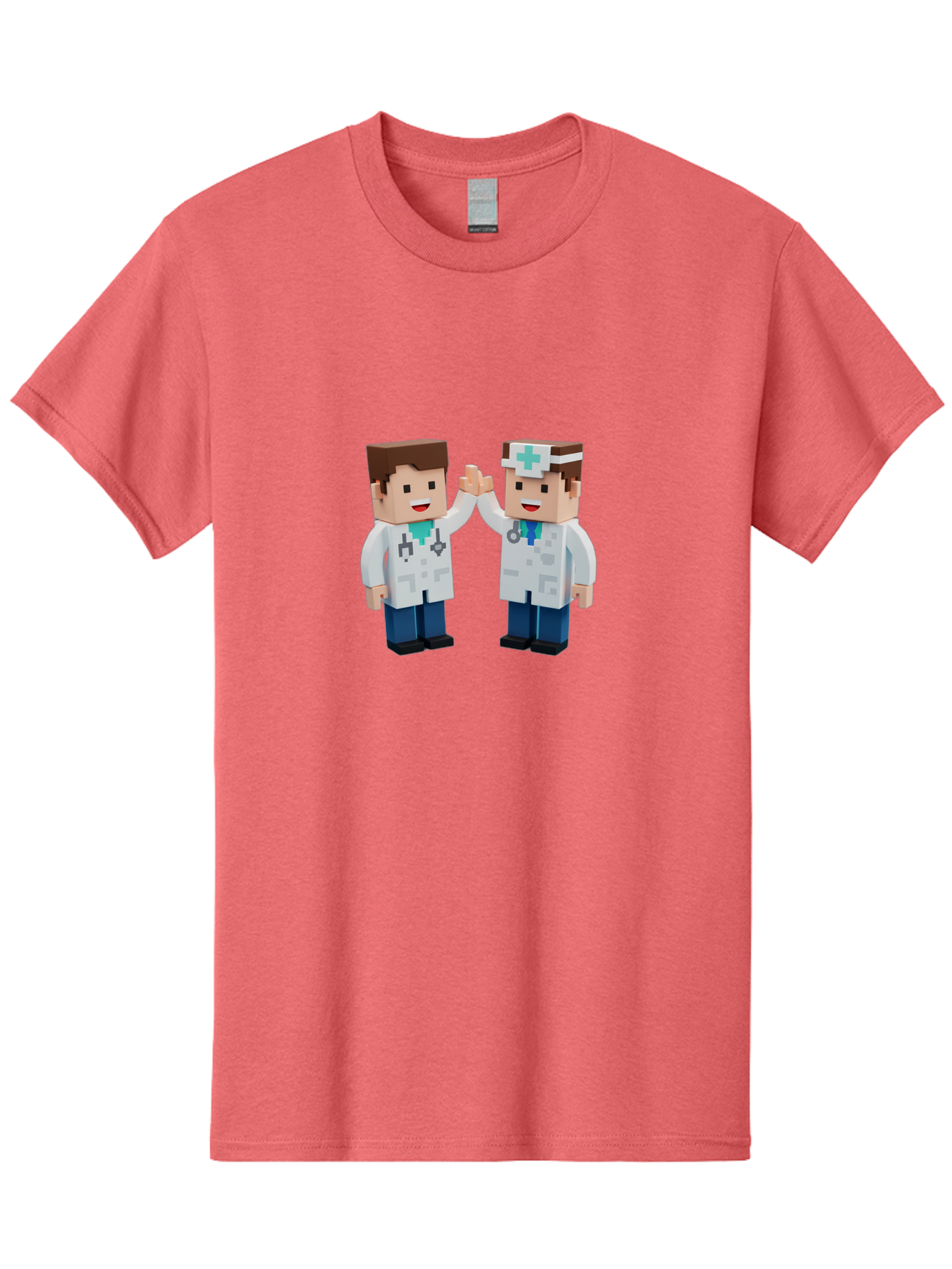 Minecraft-Doctors Men'S Graphic Tee, 100% Cotton, Comfortable Casual Summer Wear, Machine Washable, Minecraft Characters, Doctors, High Fiving, Healthcare Professionals, Medical Team, Pixel Art, Video Game Characters, Teamwork, Bab009