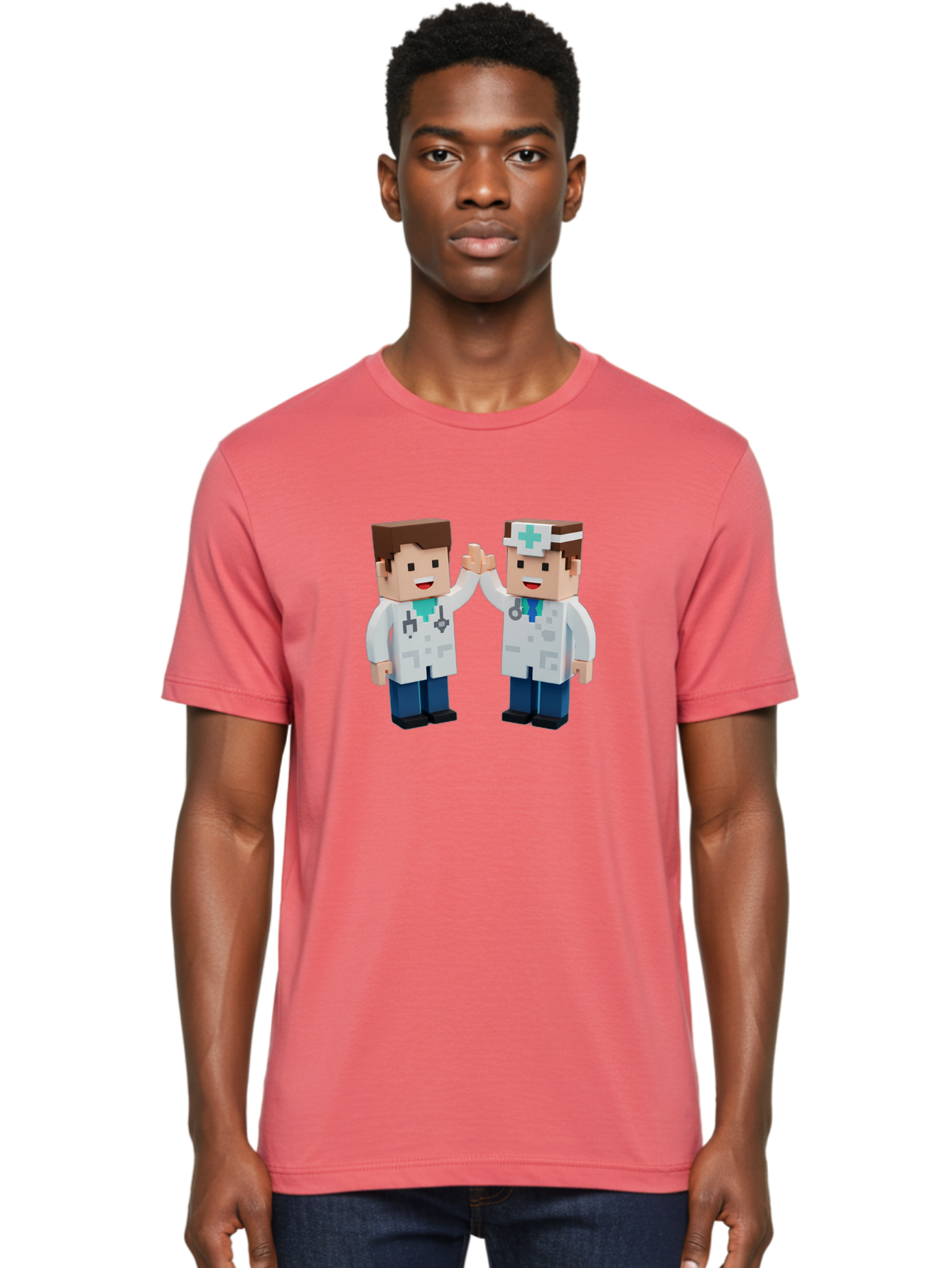 Minecraft-Doctors Men'S Graphic Tee, 100% Cotton, Comfortable Casual Summer Wear, Machine Washable, Minecraft Characters, Doctors, High Fiving, Healthcare Professionals, Medical Team, Pixel Art, Video Game Characters, Teamwork, Bab009