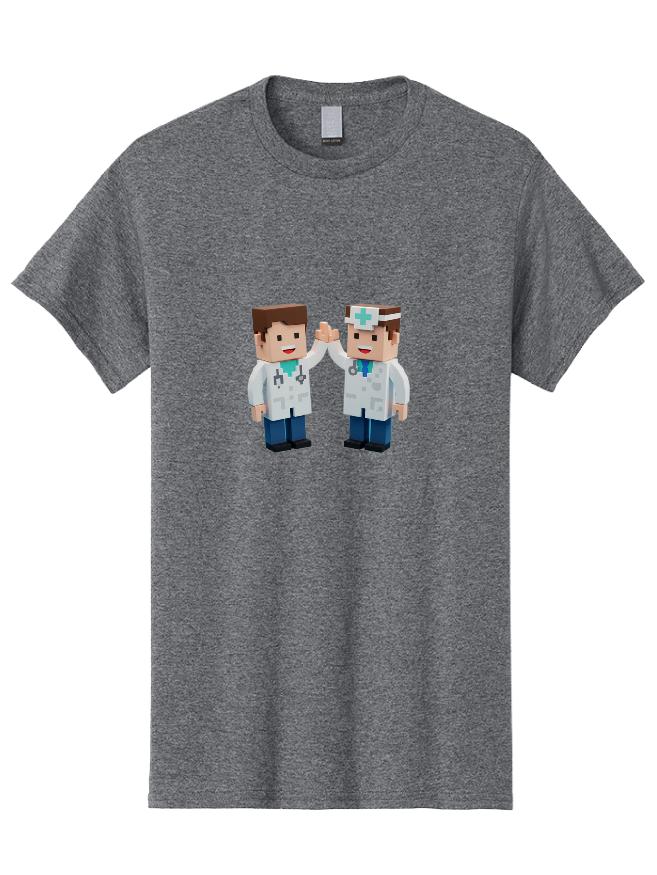 Minecraft-Doctors Men'S Graphic Tee, 100% Cotton, Comfortable Casual Summer Wear, Machine Washable, Minecraft Characters, Doctors, High Fiving, Healthcare Professionals, Medical Team, Pixel Art, Video Game Characters, Teamwork, Bab009
