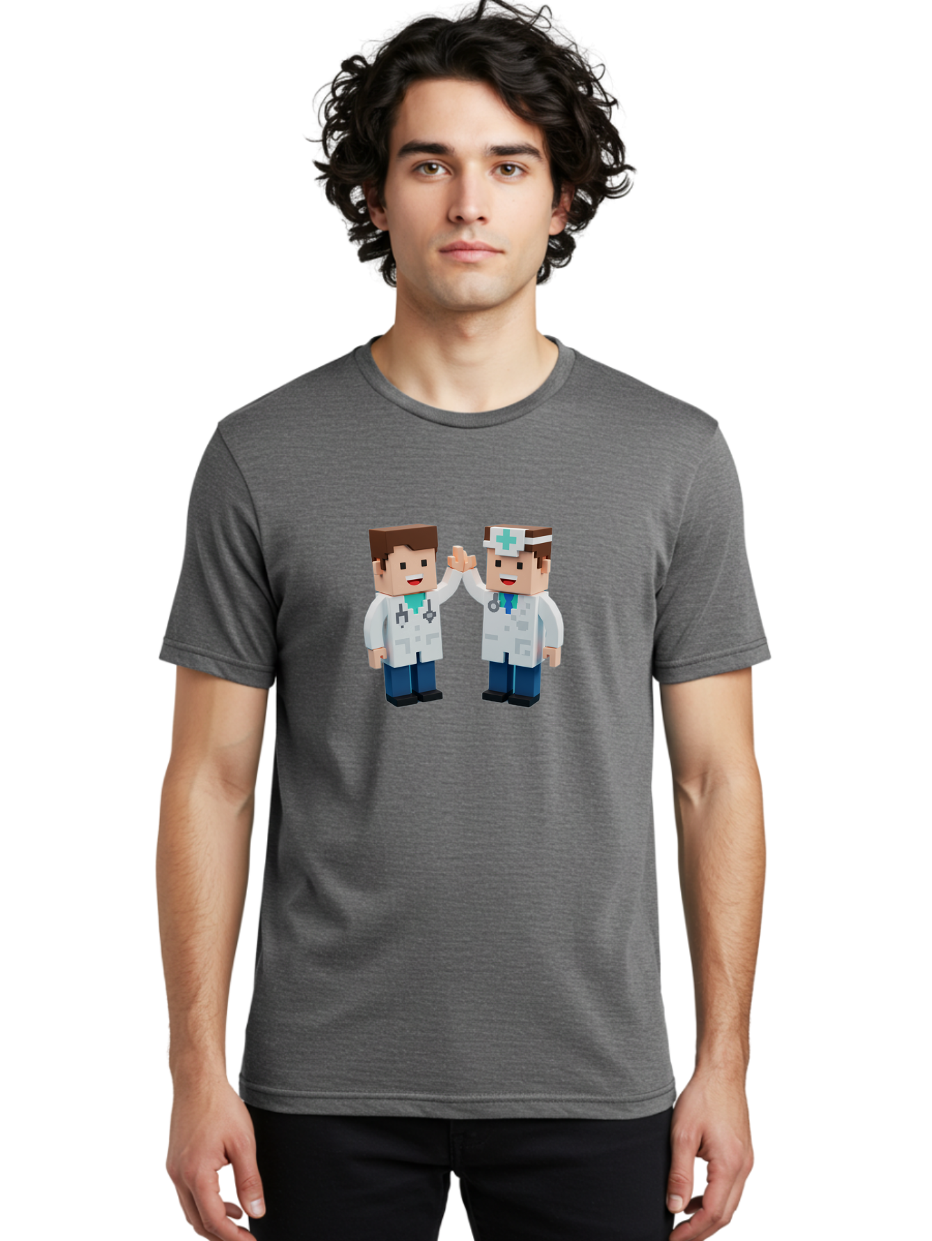 Minecraft-Doctors Men'S Graphic Tee, 100% Cotton, Comfortable Casual Summer Wear, Machine Washable, Minecraft Characters, Doctors, High Fiving, Healthcare Professionals, Medical Team, Pixel Art, Video Game Characters, Teamwork, Bab009