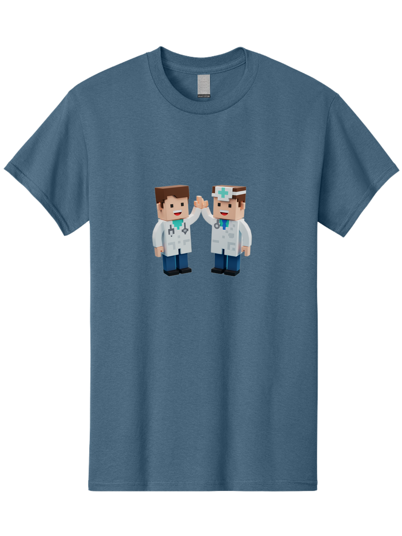 Minecraft-Doctors Men'S Graphic Tee, 100% Cotton, Comfortable Casual Summer Wear, Machine Washable, Minecraft Characters, Doctors, High Fiving, Healthcare Professionals, Medical Team, Pixel Art, Video Game Characters, Teamwork, Bab009
