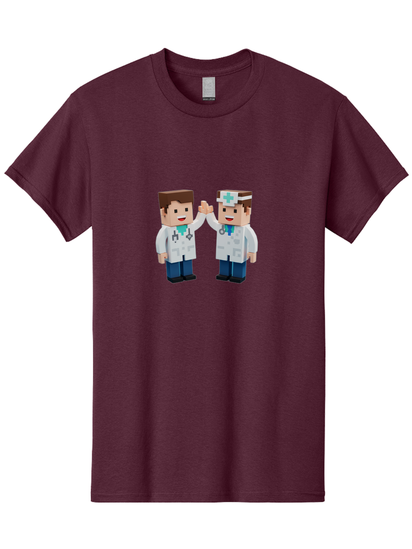 Minecraft-Doctors Men'S Graphic Tee, 100% Cotton, Comfortable Casual Summer Wear, Machine Washable, Minecraft Characters, Doctors, High Fiving, Healthcare Professionals, Medical Team, Pixel Art, Video Game Characters, Teamwork, Bab009