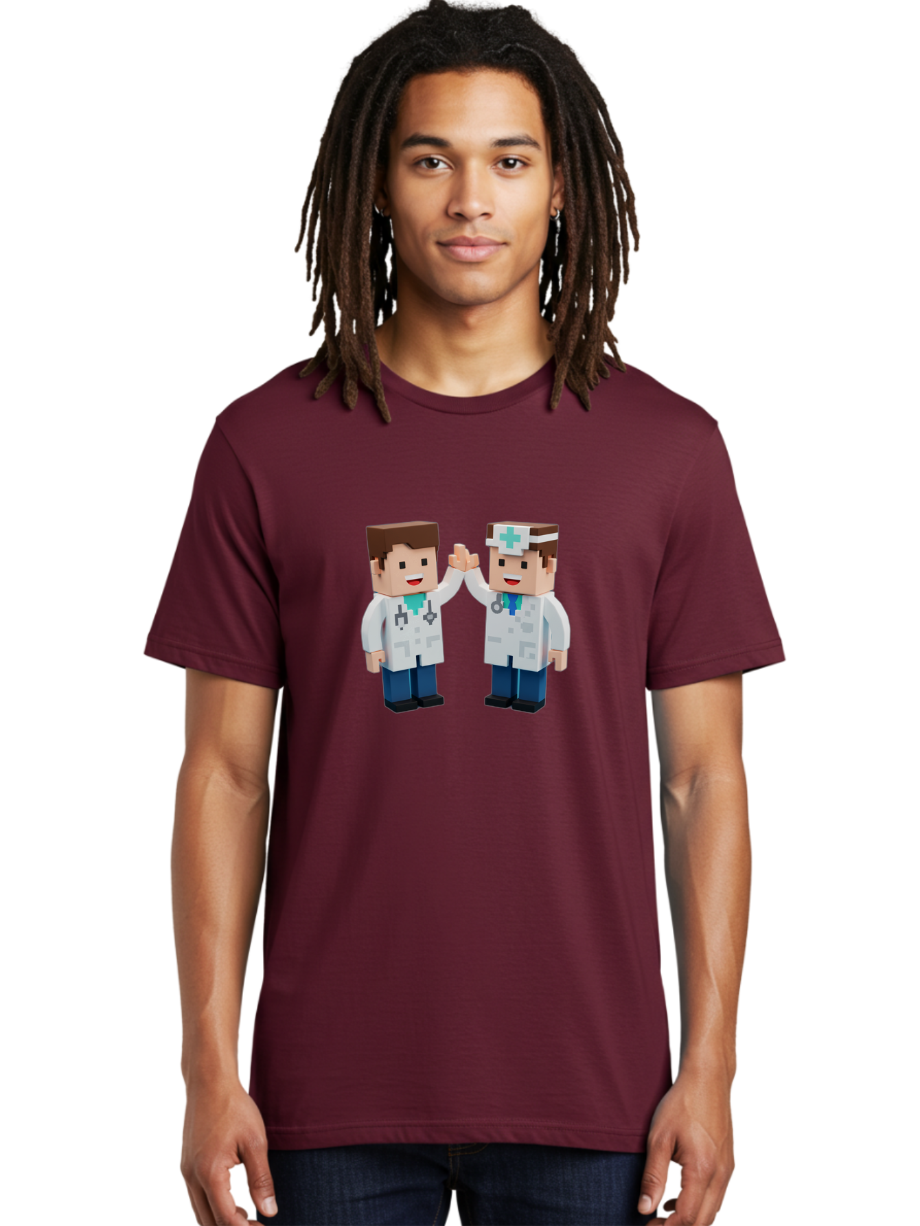 Minecraft-Doctors Men'S Graphic Tee, 100% Cotton, Comfortable Casual Summer Wear, Machine Washable, Minecraft Characters, Doctors, High Fiving, Healthcare Professionals, Medical Team, Pixel Art, Video Game Characters, Teamwork, Bab009