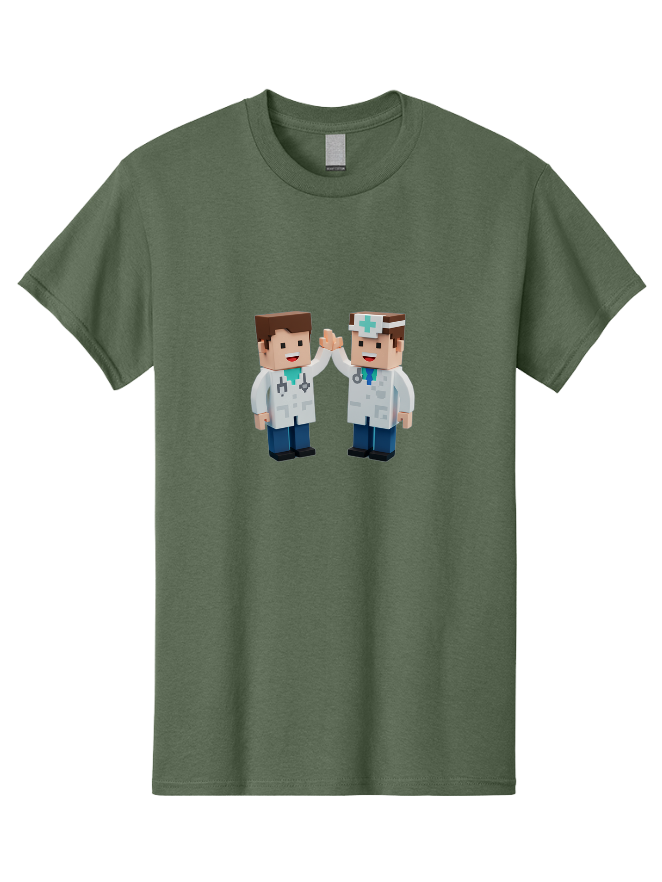 Minecraft-Doctors Men'S Graphic Tee, 100% Cotton, Comfortable Casual Summer Wear, Machine Washable, Minecraft Characters, Doctors, High Fiving, Healthcare Professionals, Medical Team, Pixel Art, Video Game Characters, Teamwork, Bab009