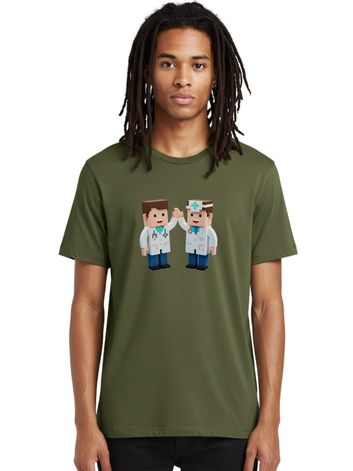 Minecraft-Doctors Men'S Graphic Tee, 100% Cotton, Comfortable Casual Summer Wear, Machine Washable, Minecraft Characters, Doctors, High Fiving, Healthcare Professionals, Medical Team, Pixel Art, Video Game Characters, Teamwork, Bab009