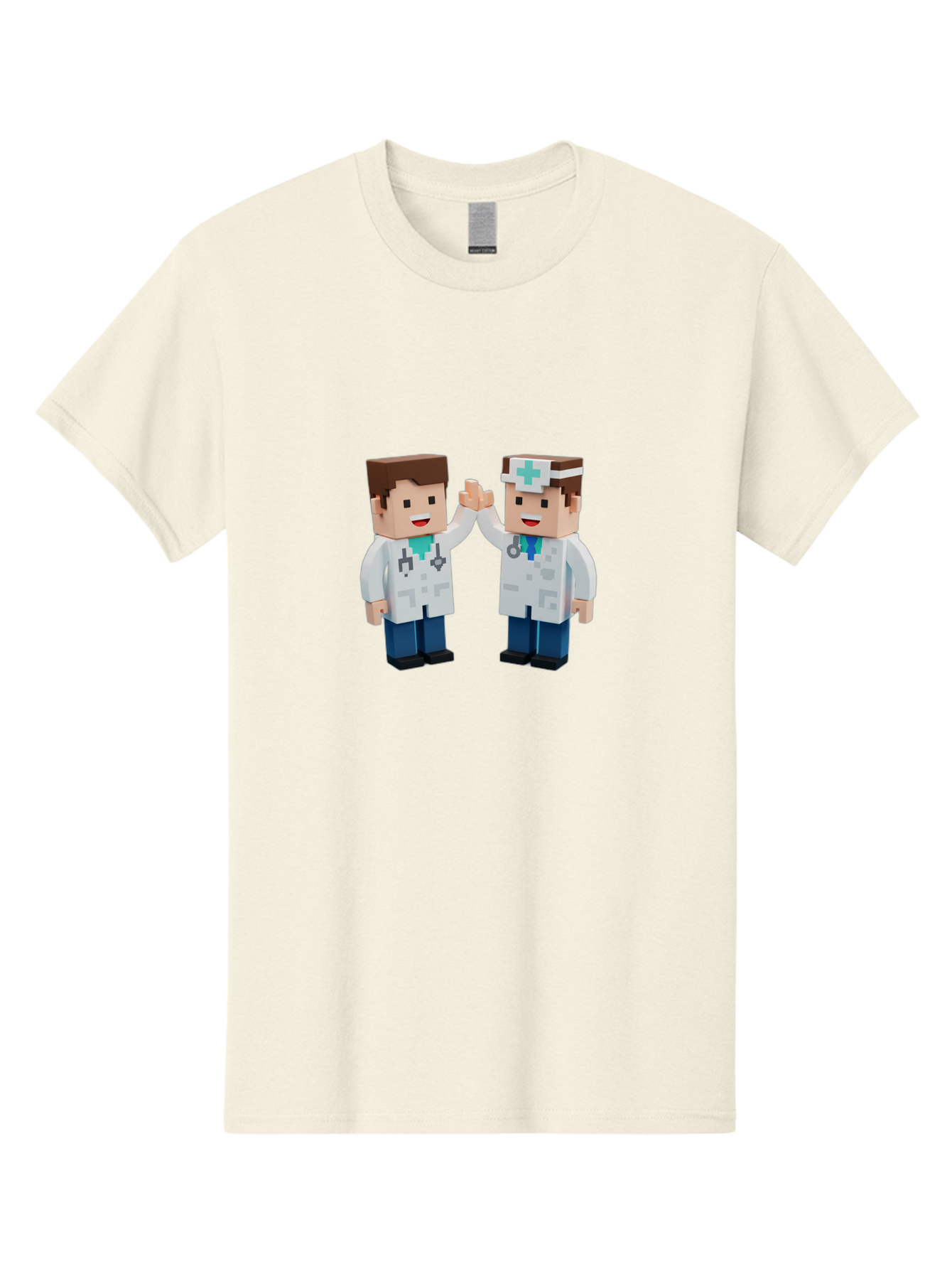 Minecraft-Doctors Men'S Graphic Tee, 100% Cotton, Comfortable Casual Summer Wear, Machine Washable, Minecraft Characters, Doctors, High Fiving, Healthcare Professionals, Medical Team, Pixel Art, Video Game Characters, Teamwork, Bab009