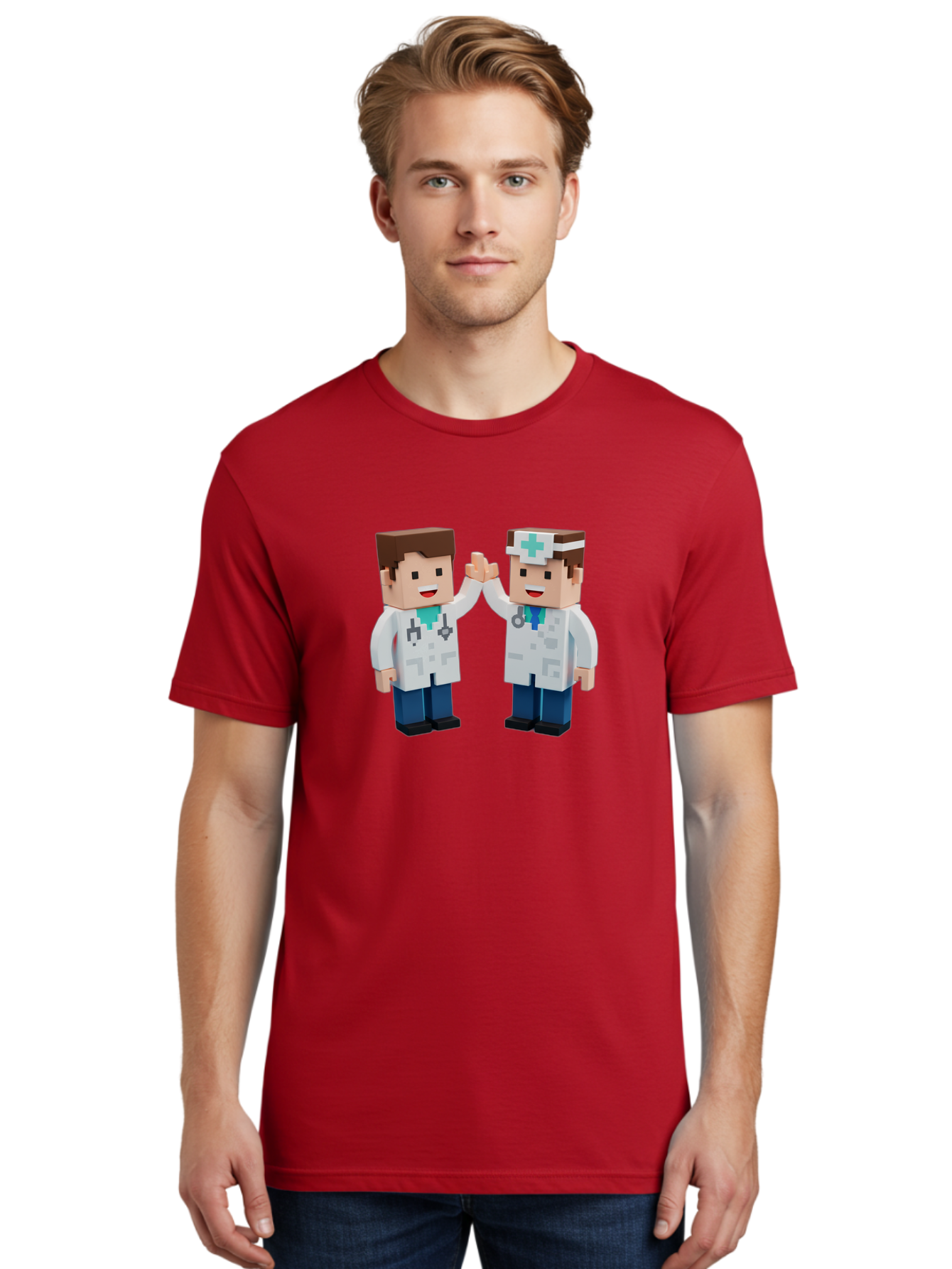 Minecraft-Doctors Men'S Graphic Tee, 100% Cotton, Comfortable Casual Summer Wear, Machine Washable, Minecraft Characters, Doctors, High Fiving, Healthcare Professionals, Medical Team, Pixel Art, Video Game Characters, Teamwork, Bab009