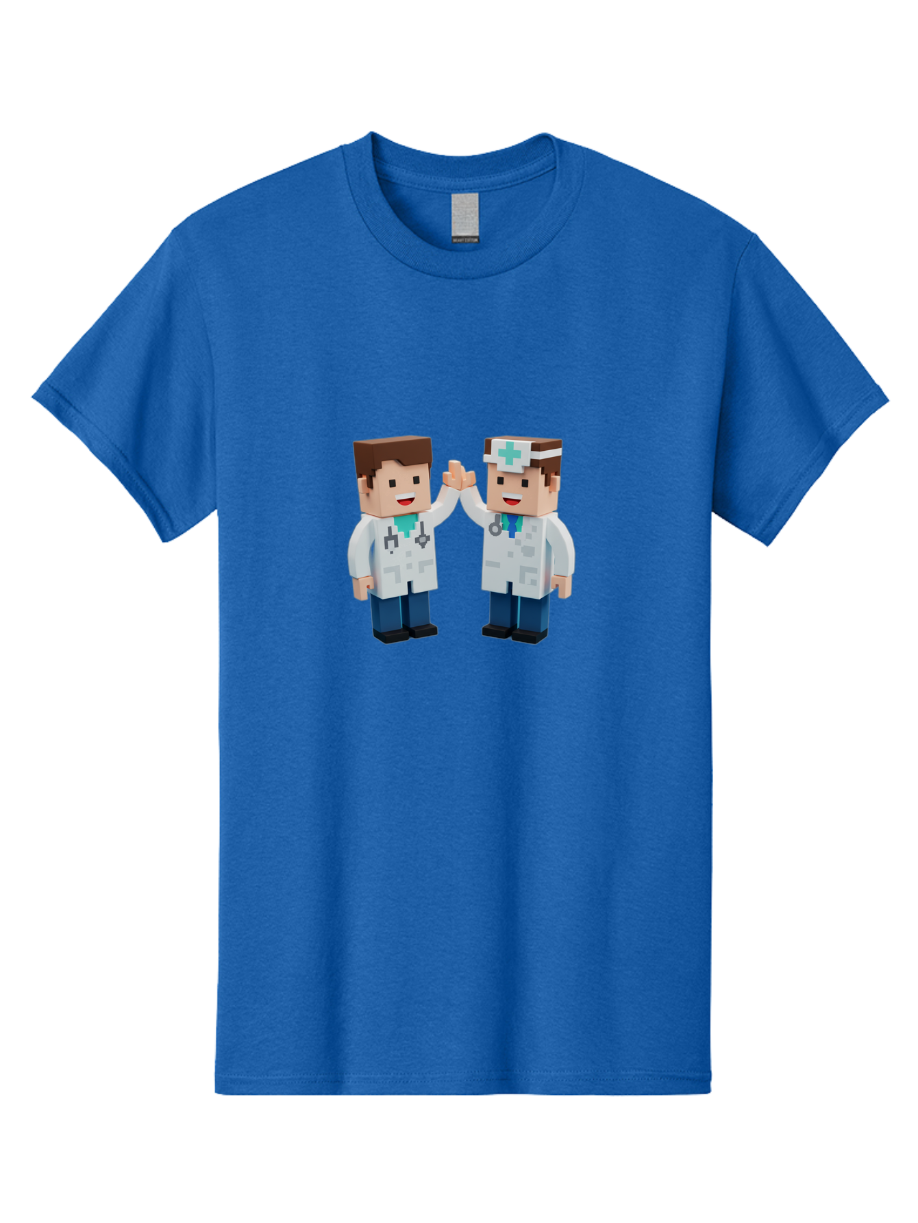 Minecraft-Doctors Men'S Graphic Tee, 100% Cotton, Comfortable Casual Summer Wear, Machine Washable, Minecraft Characters, Doctors, High Fiving, Healthcare Professionals, Medical Team, Pixel Art, Video Game Characters, Teamwork, Bab009