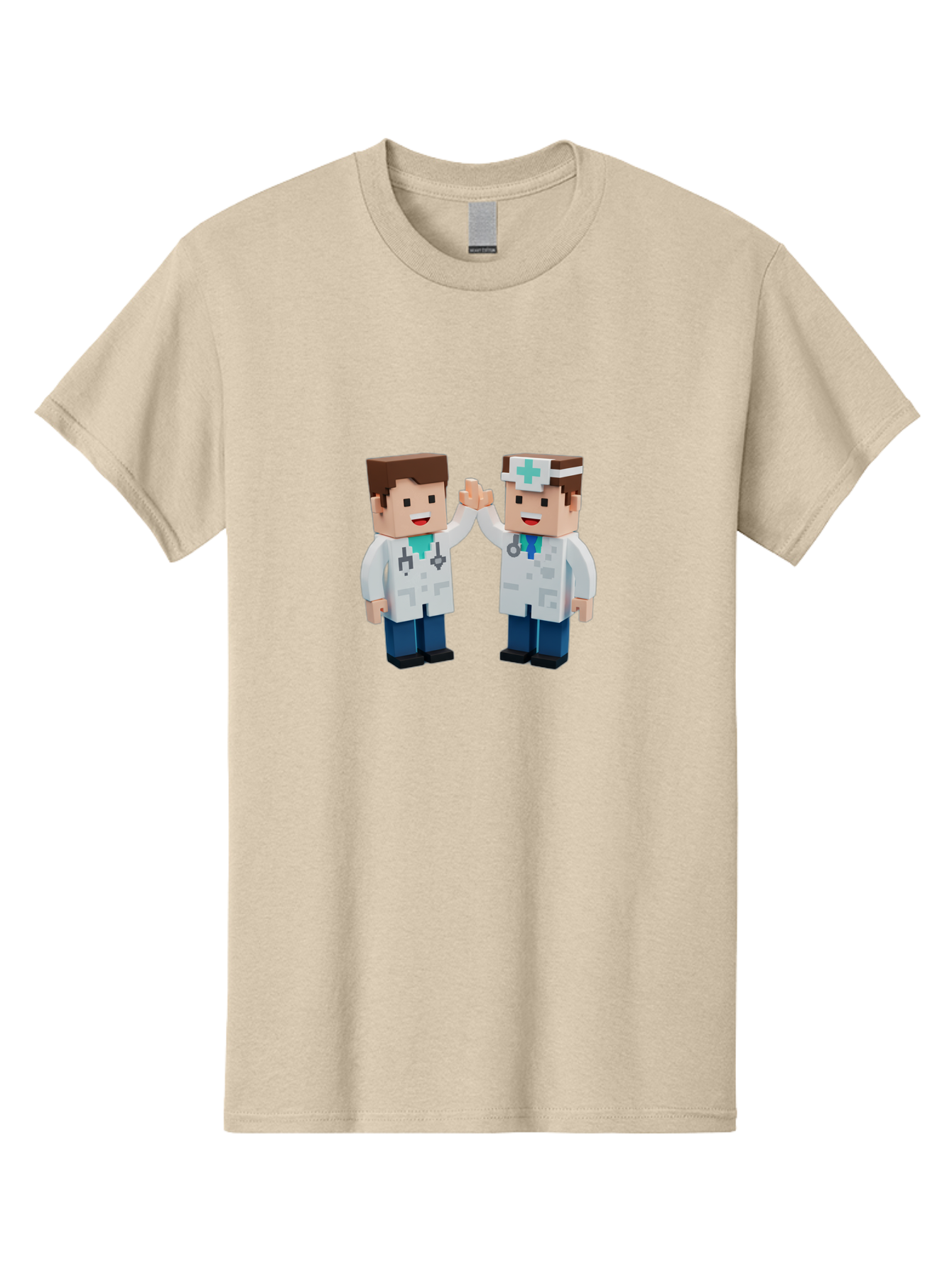 Minecraft-Doctors Men'S Graphic Tee, 100% Cotton, Comfortable Casual Summer Wear, Machine Washable, Minecraft Characters, Doctors, High Fiving, Healthcare Professionals, Medical Team, Pixel Art, Video Game Characters, Teamwork, Bab009
