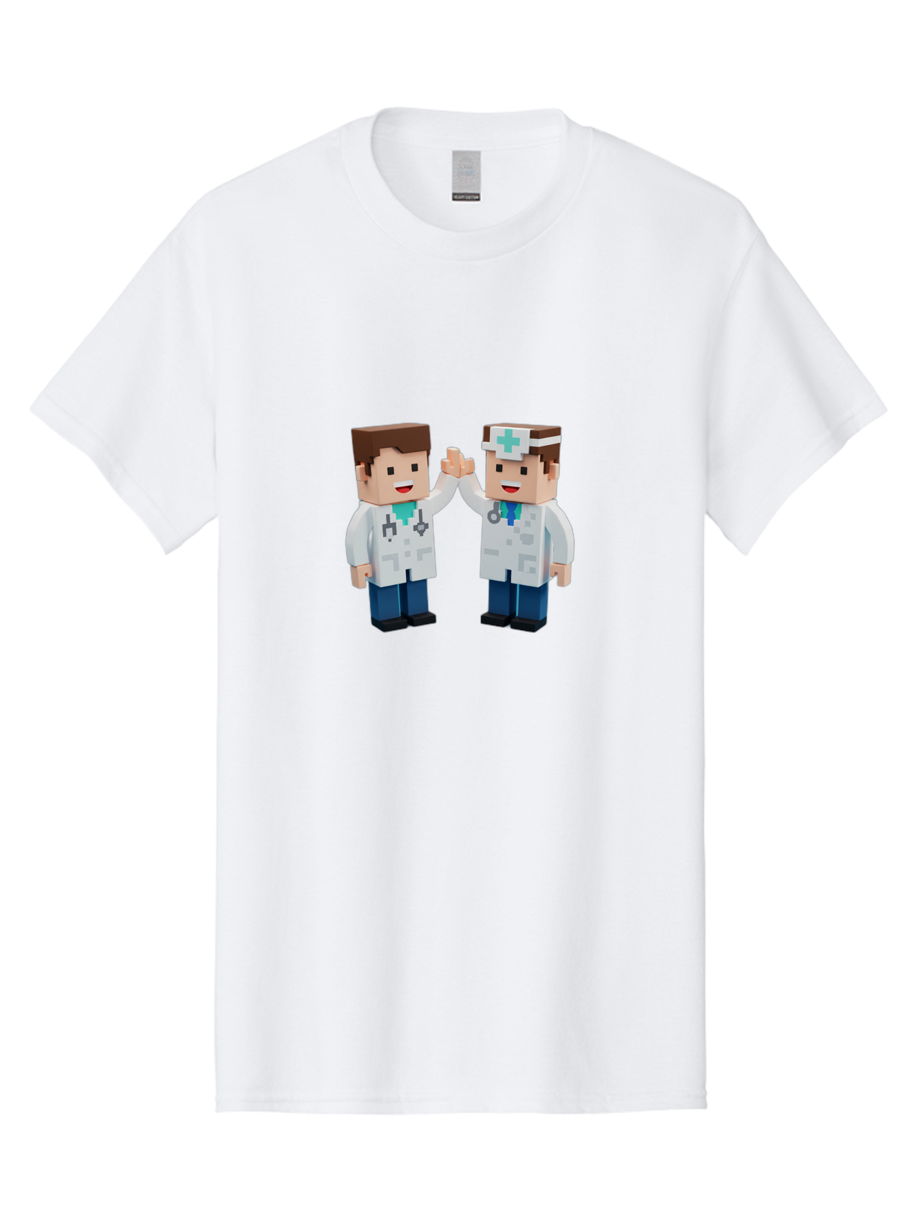 Minecraft-Doctors Men'S Graphic Tee, 100% Cotton, Comfortable Casual Summer Wear, Machine Washable, Minecraft Characters, Doctors, High Fiving, Healthcare Professionals, Medical Team, Pixel Art, Video Game Characters, Teamwork, Bab009