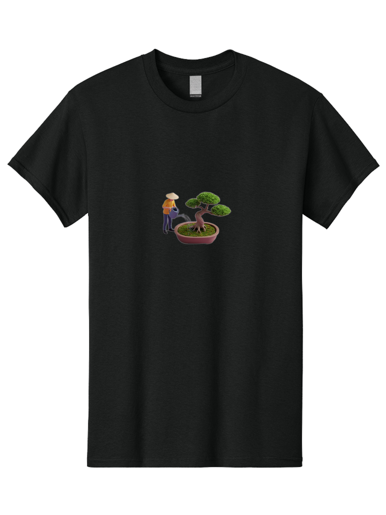 Miniature-Gardener Men'S Graphic Tee, 100% Cotton, Comfortable Casual Summer Wear, Machine Washable, Miniature Figurine, Bonsai Tree, Gardening Scene, Watering Can, Serene Atmosphere, Tranquil Setting, Green Leaves, Pot, Small Plants, Bab010