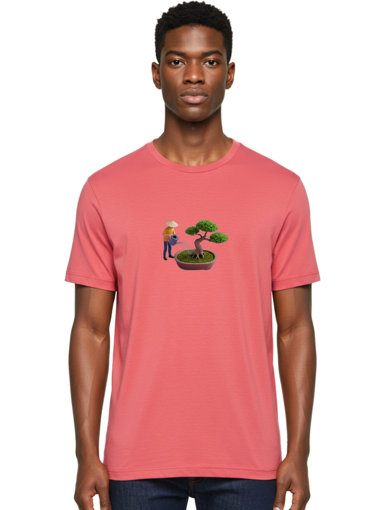 Miniature-Gardener Men'S Graphic Tee, 100% Cotton, Comfortable Casual Summer Wear, Machine Washable, Miniature Figurine, Bonsai Tree, Gardening Scene, Watering Can, Serene Atmosphere, Tranquil Setting, Green Leaves, Pot, Small Plants, Bab010