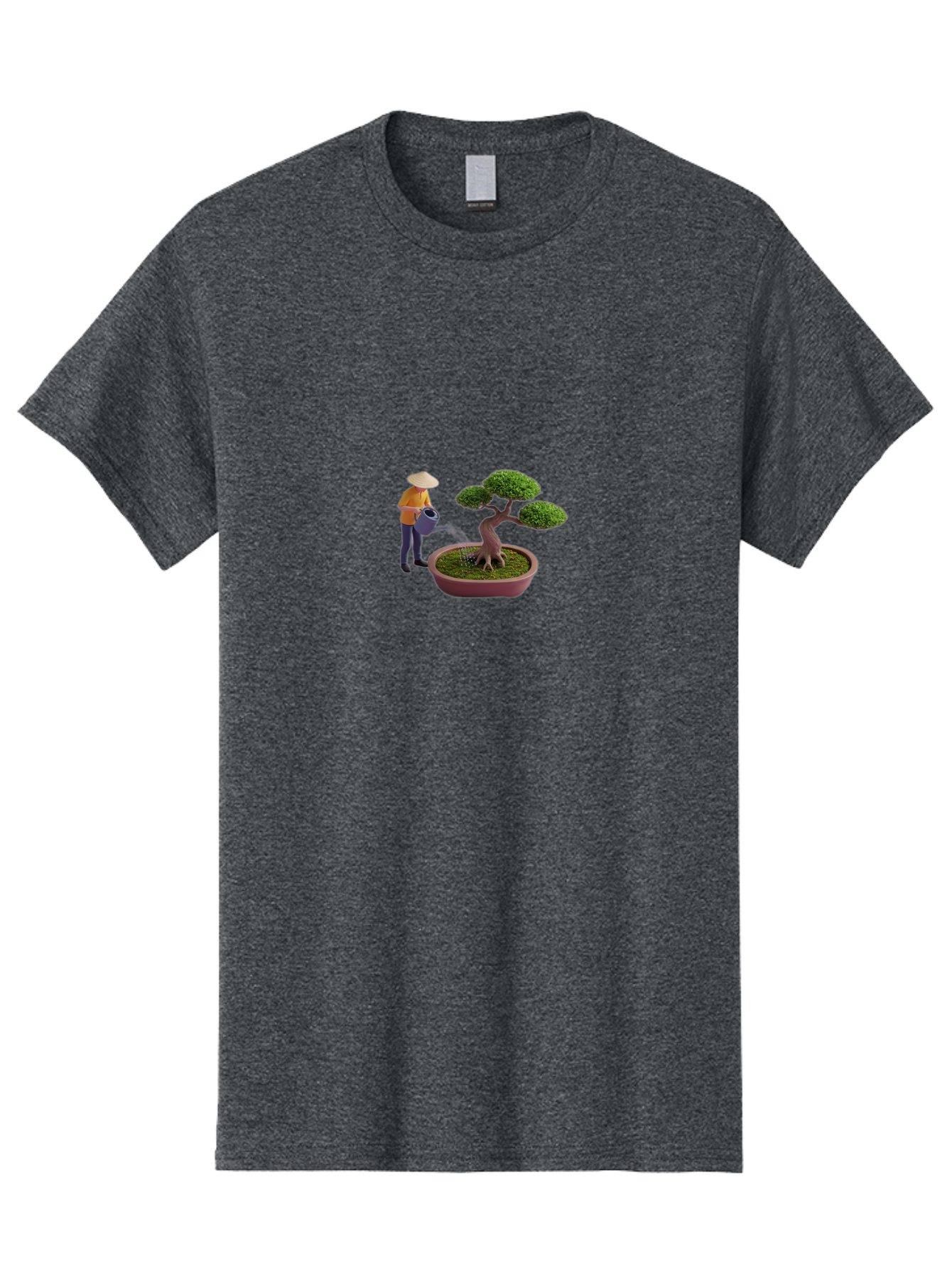 Miniature-Gardener Men'S Graphic Tee, 100% Cotton, Comfortable Casual Summer Wear, Machine Washable, Miniature Figurine, Bonsai Tree, Gardening Scene, Watering Can, Serene Atmosphere, Tranquil Setting, Green Leaves, Pot, Small Plants, Bab010