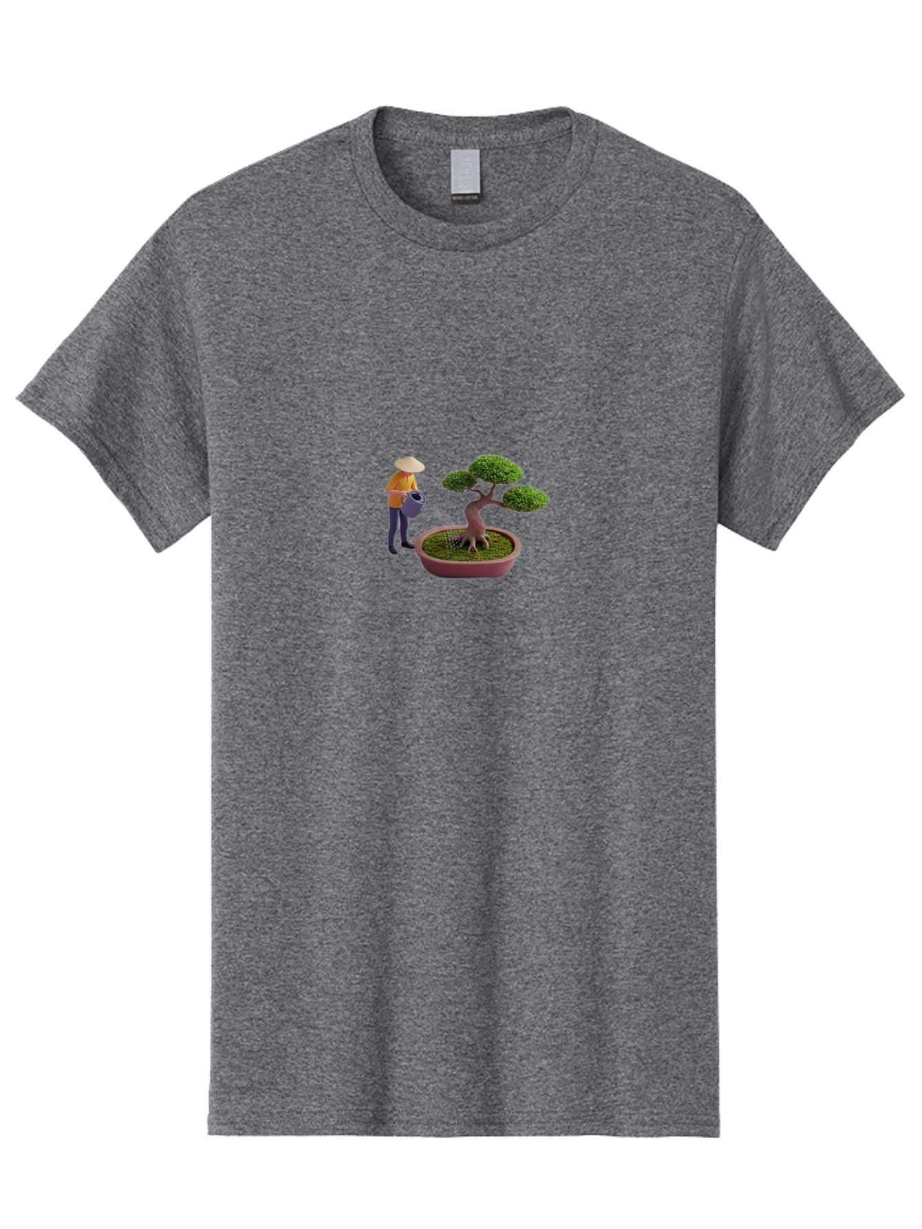 Miniature-Gardener Men'S Graphic Tee, 100% Cotton, Comfortable Casual Summer Wear, Machine Washable, Miniature Figurine, Bonsai Tree, Gardening Scene, Watering Can, Serene Atmosphere, Tranquil Setting, Green Leaves, Pot, Small Plants, Bab010