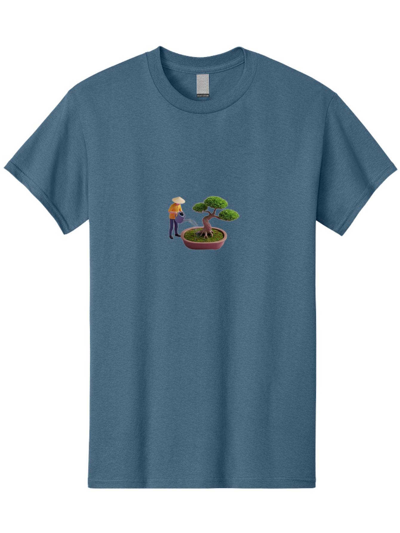 Miniature-Gardener Men'S Graphic Tee, 100% Cotton, Comfortable Casual Summer Wear, Machine Washable, Miniature Figurine, Bonsai Tree, Gardening Scene, Watering Can, Serene Atmosphere, Tranquil Setting, Green Leaves, Pot, Small Plants, Bab010