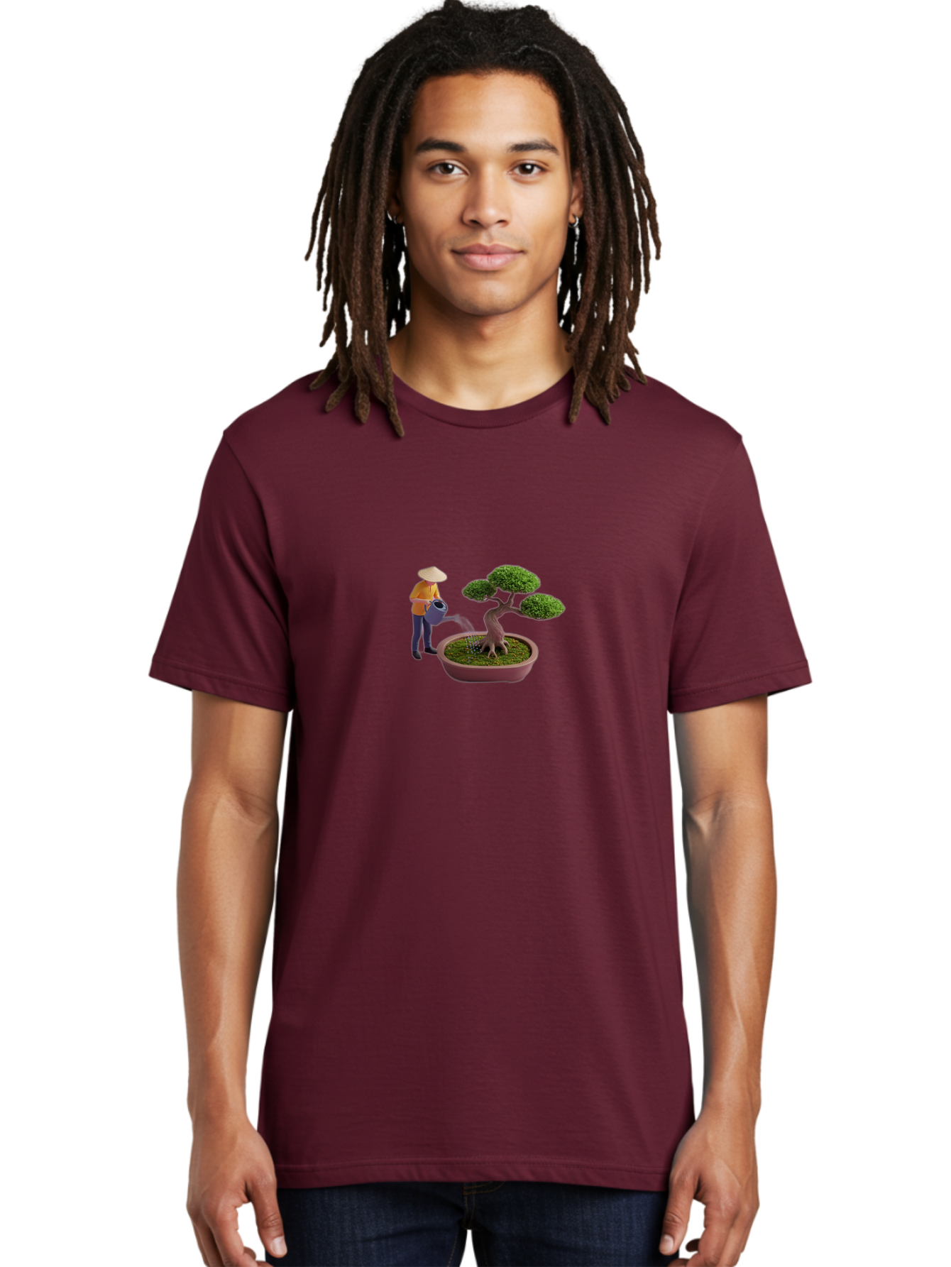 Miniature-Gardener Men'S Graphic Tee, 100% Cotton, Comfortable Casual Summer Wear, Machine Washable, Miniature Figurine, Bonsai Tree, Gardening Scene, Watering Can, Serene Atmosphere, Tranquil Setting, Green Leaves, Pot, Small Plants, Bab010