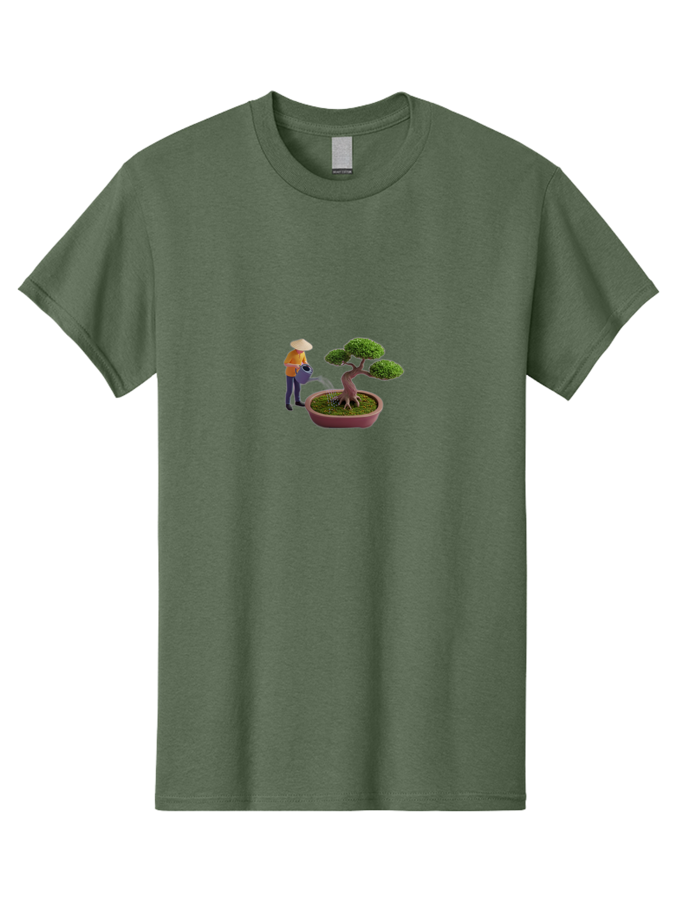 Miniature-Gardener Men'S Graphic Tee, 100% Cotton, Comfortable Casual Summer Wear, Machine Washable, Miniature Figurine, Bonsai Tree, Gardening Scene, Watering Can, Serene Atmosphere, Tranquil Setting, Green Leaves, Pot, Small Plants, Bab010