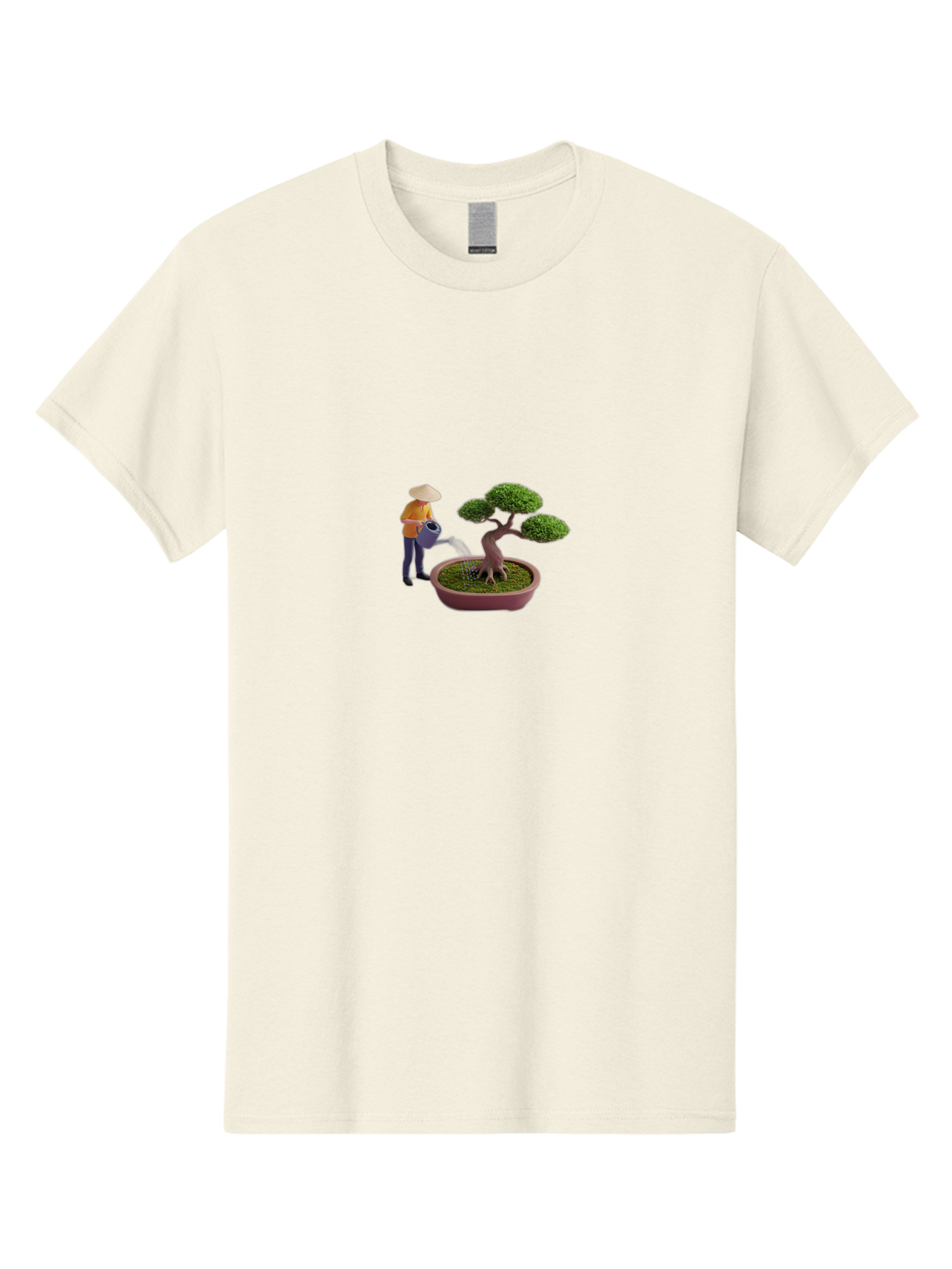 Miniature-Gardener Men'S Graphic Tee, 100% Cotton, Comfortable Casual Summer Wear, Machine Washable, Miniature Figurine, Bonsai Tree, Gardening Scene, Watering Can, Serene Atmosphere, Tranquil Setting, Green Leaves, Pot, Small Plants, Bab010