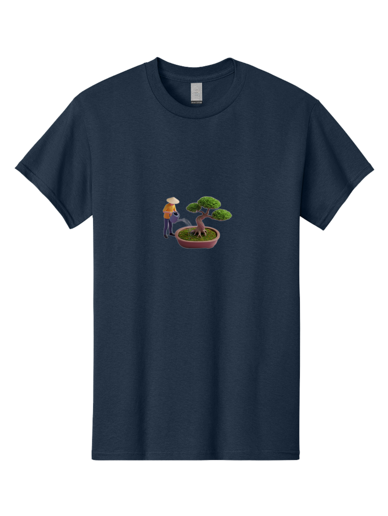 Miniature-Gardener Men'S Graphic Tee, 100% Cotton, Comfortable Casual Summer Wear, Machine Washable, Miniature Figurine, Bonsai Tree, Gardening Scene, Watering Can, Serene Atmosphere, Tranquil Setting, Green Leaves, Pot, Small Plants, Bab010