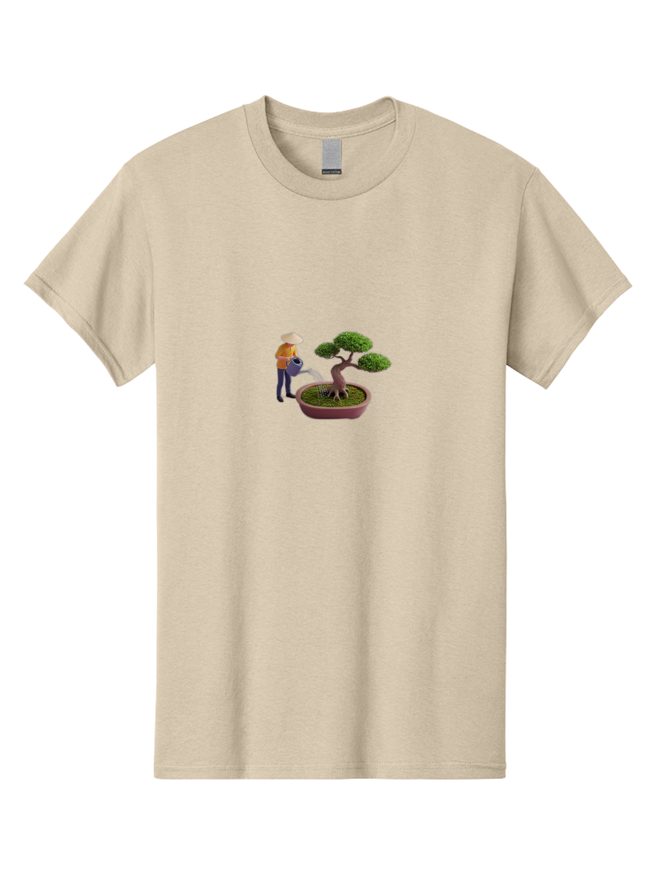 Miniature-Gardener Men'S Graphic Tee, 100% Cotton, Comfortable Casual Summer Wear, Machine Washable, Miniature Figurine, Bonsai Tree, Gardening Scene, Watering Can, Serene Atmosphere, Tranquil Setting, Green Leaves, Pot, Small Plants, Bab010