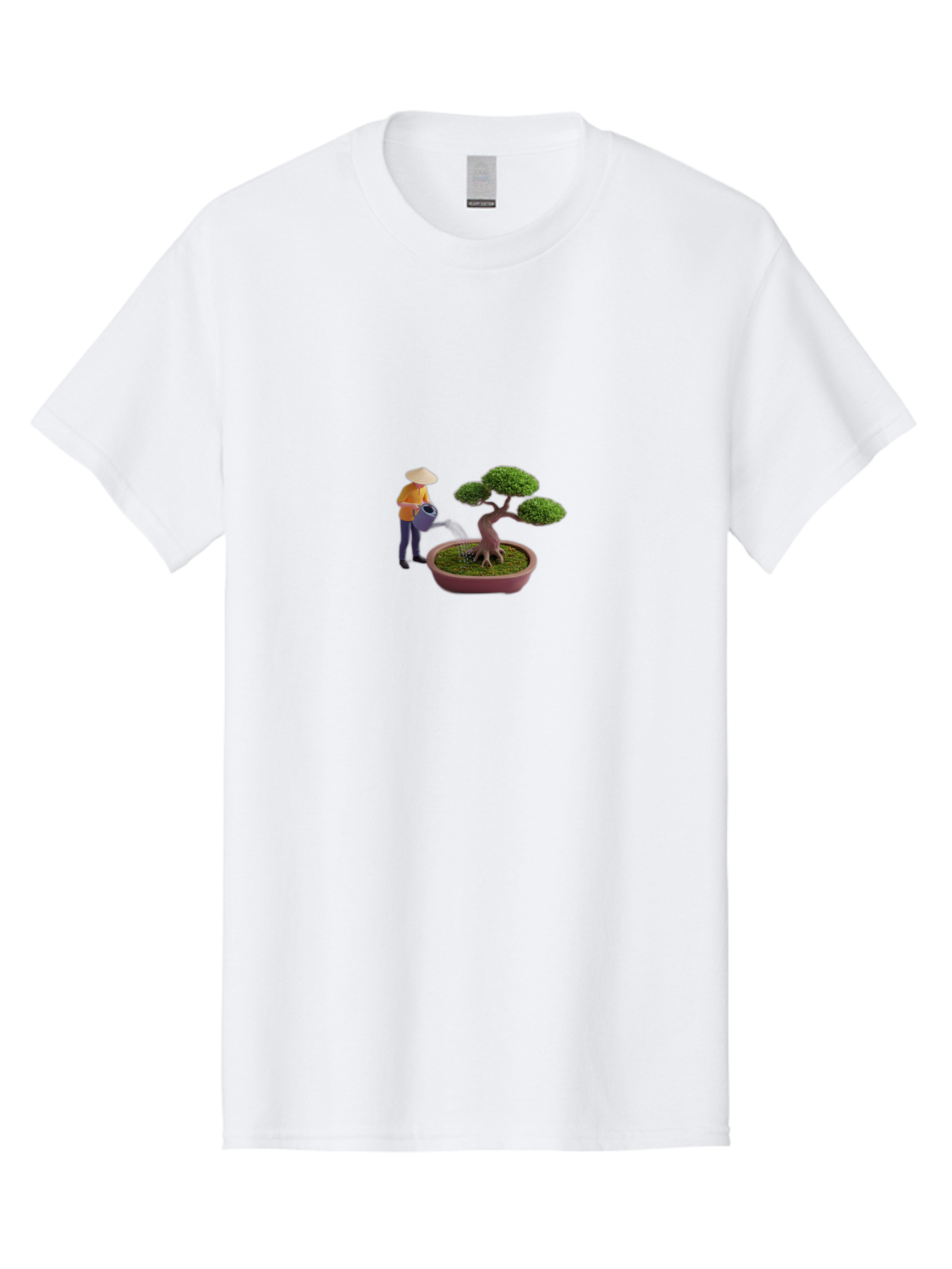 Miniature-Gardener Men'S Graphic Tee, 100% Cotton, Comfortable Casual Summer Wear, Machine Washable, Miniature Figurine, Bonsai Tree, Gardening Scene, Watering Can, Serene Atmosphere, Tranquil Setting, Green Leaves, Pot, Small Plants, Bab010