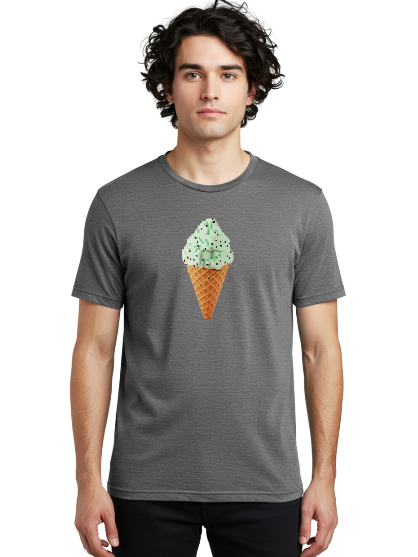 Mint-Chip-Ice-Cream Men'S Graphic Tee, 100% Cotton, Comfortable Casual Summer Wear, Machine Washable, Mint Chocolate Chip Ice Cream, Waffle Cone, Sweet Treats, Frozen Dessert, Summer Snack, Cool Flavors Bab012