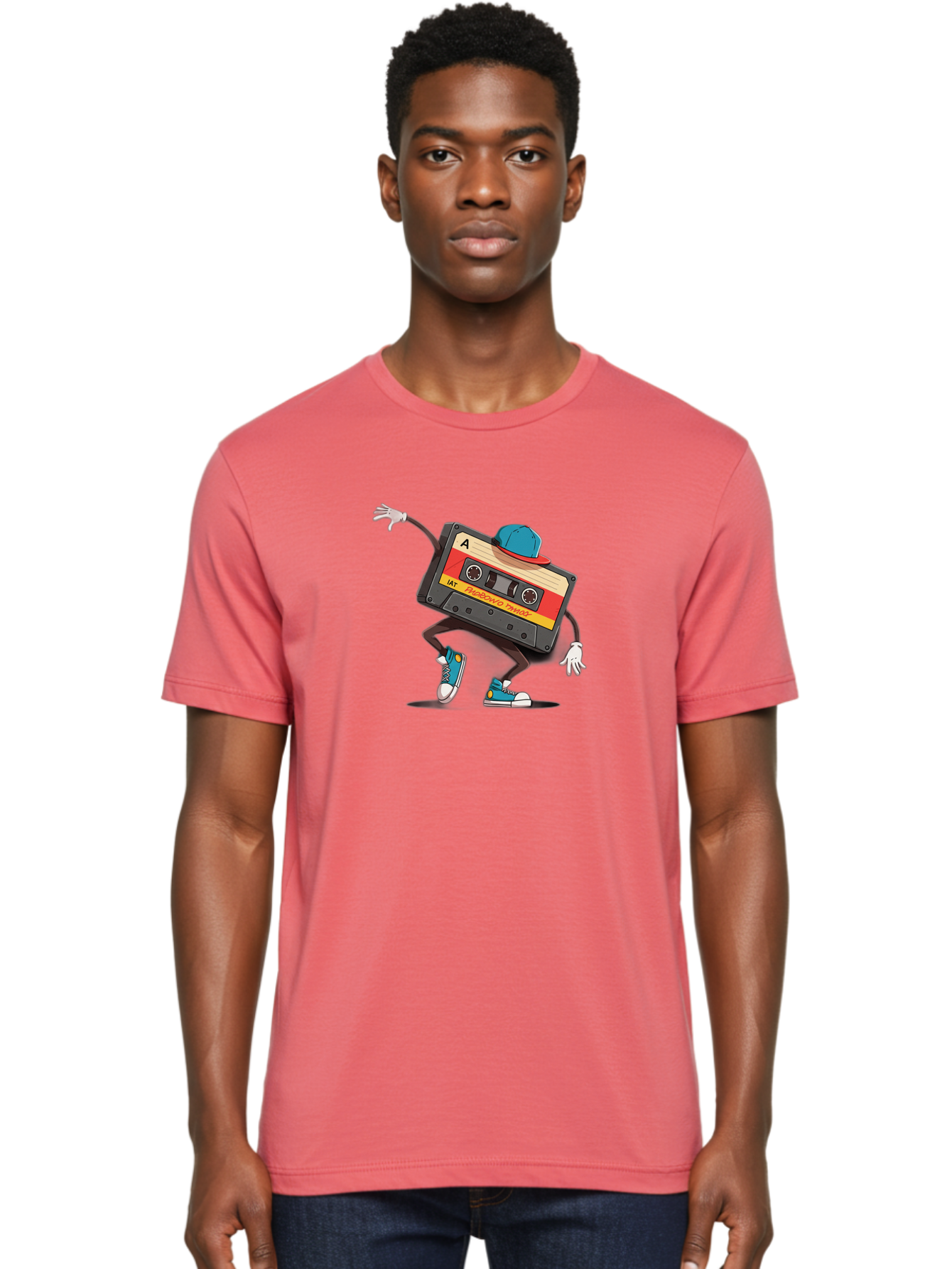 Mix-Cassette Men'S Graphic Tee, 100% Cotton, Comfortable Casual Summer Wear, Machine Washable, Cartoon Cassette Tape, Mixtape Character, Dancing Music, Retro Vibe, Vintage Style, Cool Hat, Sneakers, Fun Illustration, Music Lover, Bab013