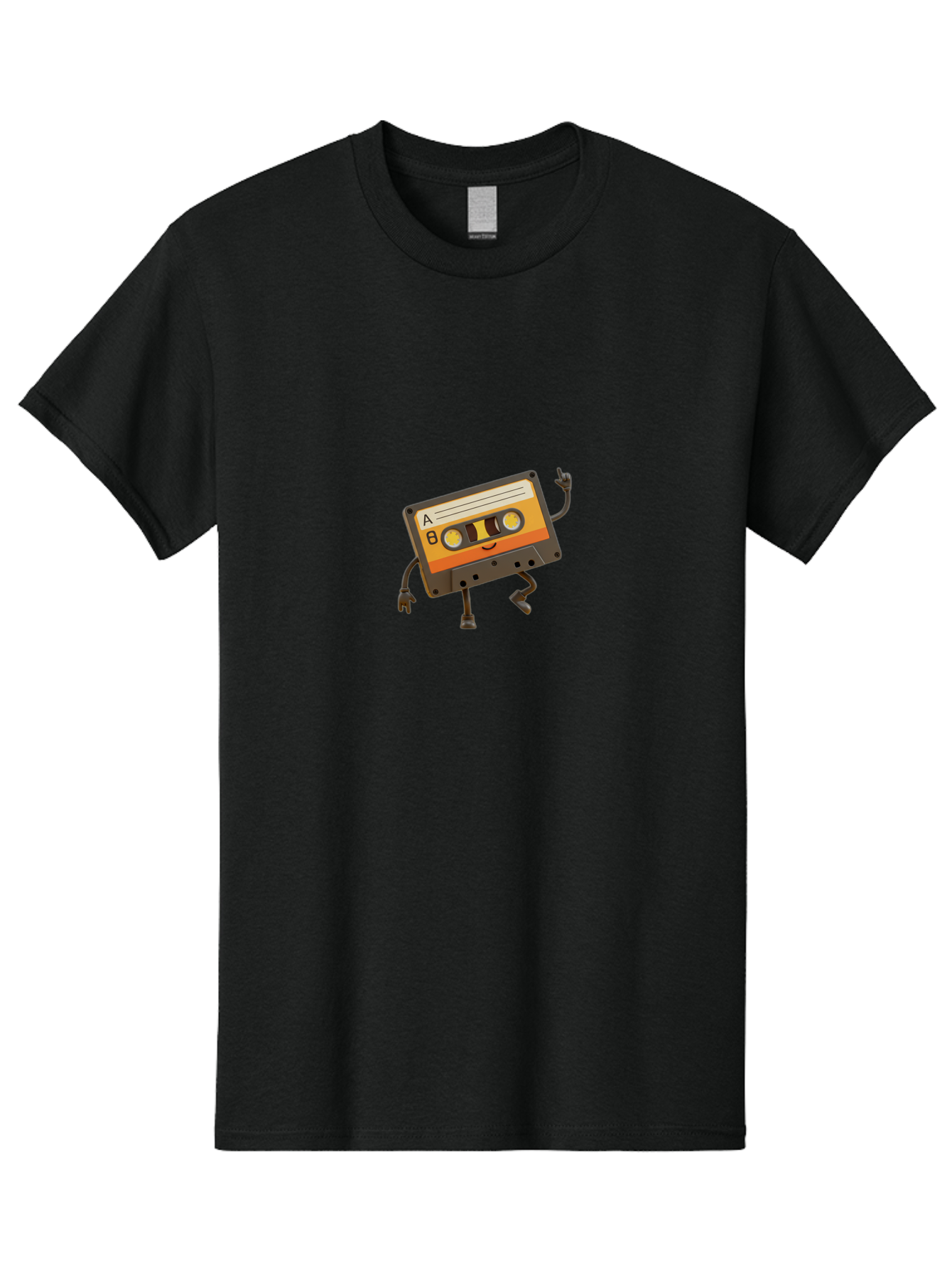 Mix-Tape Men'S Graphic Tee, 100% Cotton, Comfortable Casual Summer Wear, Machine Washable, Retro Cassette Tape, Funky Art, Cartoon Character, Orange Label, Smiley Face, Wacky Pose, Rock On Gesture, Nostalgic Vibe, Music Icon, Fun Design, Bab014