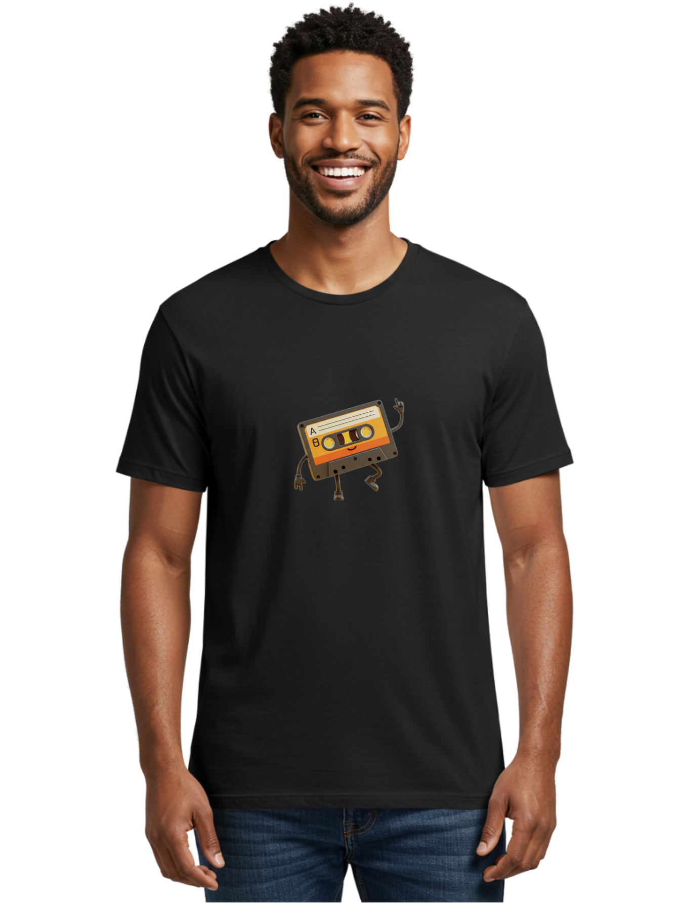 Mix-Tape Men'S Graphic Tee, 100% Cotton, Comfortable Casual Summer Wear, Machine Washable, Retro Cassette Tape, Funky Art, Cartoon Character, Orange Label, Smiley Face, Wacky Pose, Rock On Gesture, Nostalgic Vibe, Music Icon, Fun Design, Bab014